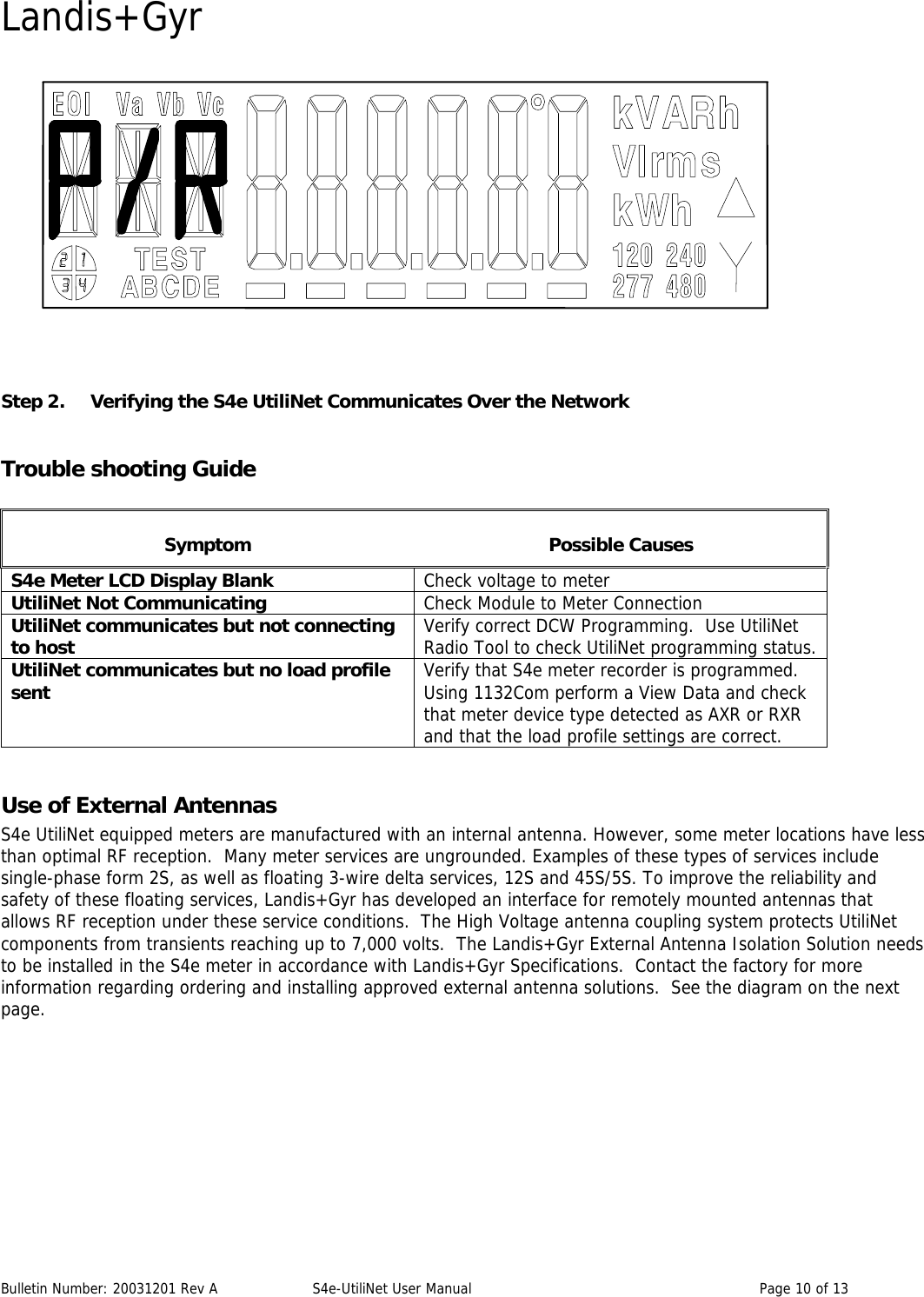 Landis+Gyr     Step 2. Verifying the S4e UtiliNet Communicates Over the Network  Trouble shooting Guide     Symptom   Possible Causes S4e Meter LCD Display Blank  Check voltage to meter UtiliNet Not Communicating  Check Module to Meter Connection  UtiliNet communicates but not connecting to host  Verify correct DCW Programming.  Use UtiliNet Radio Tool to check UtiliNet programming status. UtiliNet communicates but no load profile sent  Verify that S4e meter recorder is programmed. Using 1132Com perform a View Data and check that meter device type detected as AXR or RXR and that the load profile settings are correct.  Use of External Antennas   S4e UtiliNet equipped meters are manufactured with an internal antenna. However, some meter locations have less than optimal RF reception.  Many meter services are ungrounded. Examples of these types of services include single-phase form 2S, as well as floating 3-wire delta services, 12S and 45S/5S. To improve the reliability and safety of these floating services, Landis+Gyr has developed an interface for remotely mounted antennas that allows RF reception under these service conditions.  The High Voltage antenna coupling system protects UtiliNet components from transients reaching up to 7,000 volts.  The Landis+Gyr External Antenna Isolation Solution needs to be installed in the S4e meter in accordance with Landis+Gyr Specifications.  Contact the factory for more information regarding ordering and installing approved external antenna solutions.  See the diagram on the next page.  Bulletin Number: 20031201 Rev A  S4e-UtiliNet User Manual  Page 10 of 13  