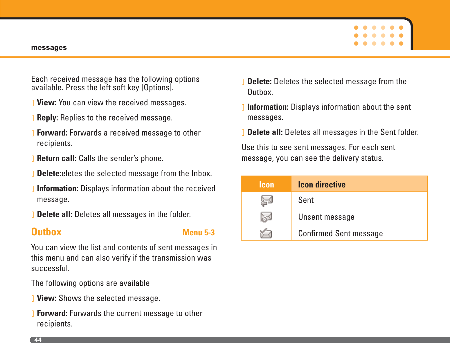 messages44Each received message has the following optionsavailable. Press the left soft key [Options].]View: You can view the received messages.]Reply: Replies to the received message.]Forward: Forwards a received message to otherrecipients.]Return call: Calls the sender’s phone.]Delete:eletes the selected message from the Inbox.]Information: Displays information about the receivedmessage.]Delete all: Deletes all messages in the folder. Outbox Menu 5-3You can view the list and contents of sent messages inthis menu and can also verify if the transmission wassuccessful.The following options are available]View: Shows the selected message.]Forward: Forwards the current message to otherrecipients.]Delete: Deletes the selected message from theOutbox. ]Information: Displays information about the sentmessages.]Delete all: Deletes all messages in the Sent folder.Use this to see sent messages. For each sent message, you can see the delivery status.Icon Icon directiveSentUnsent messageConfirmed Sent message