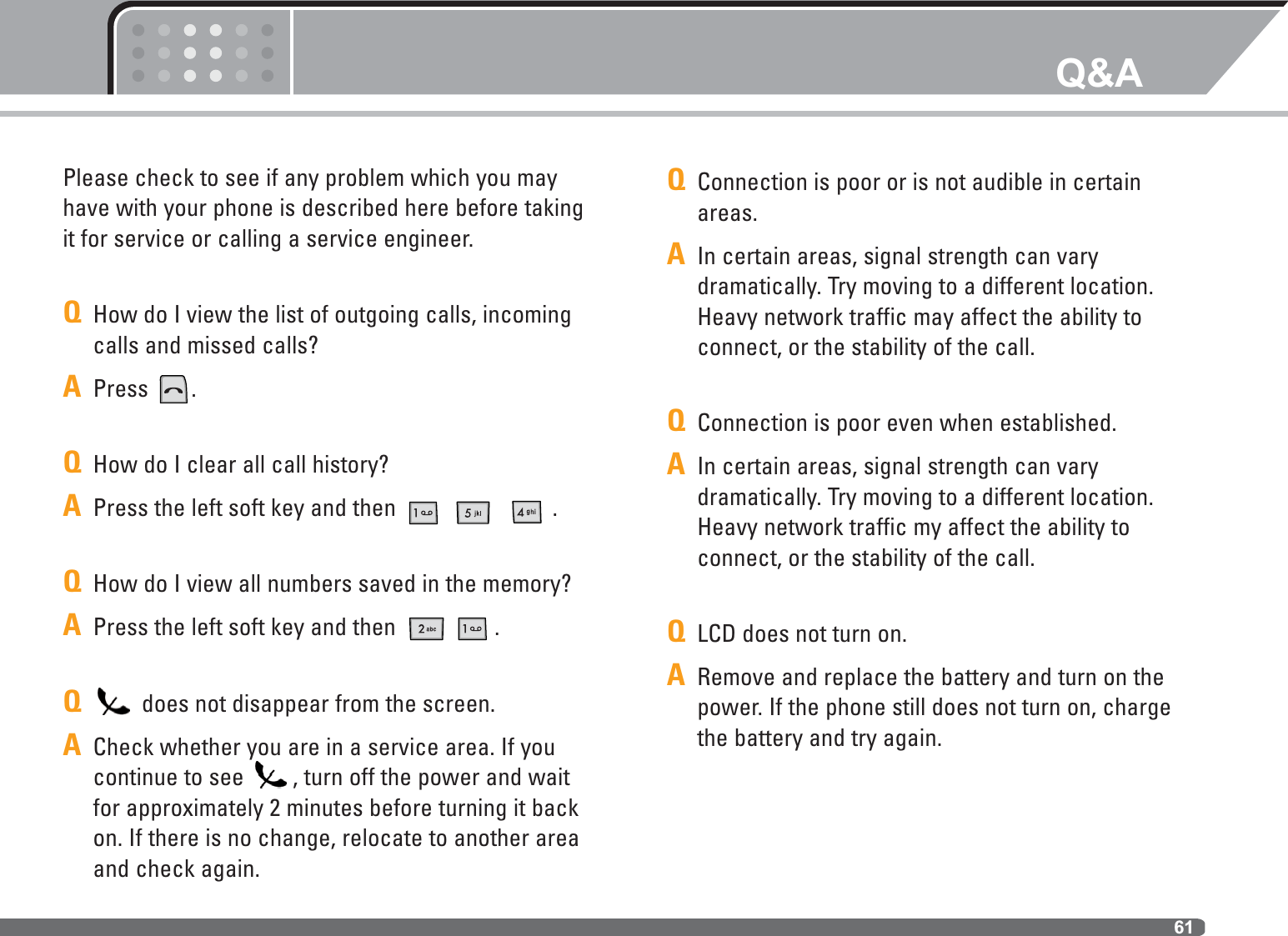 Q&amp;A61Please check to see if any problem which you mayhave with your phone is described here before takingit for service or calling a service engineer.QHow do I view the list of outgoing calls, incomingcalls and missed calls?APress .QHow do I clear all call history?APress the left soft key and then  .QHow do I view all numbers saved in the memory?APress the left soft key and then  .Qdoes not disappear from the screen.ACheck whether you are in a service area. If youcontinue to see  , turn off the power and waitfor approximately 2 minutes before turning it backon. If there is no change, relocate to another areaand check again.QConnection is poor or is not audible in certainareas.AIn certain areas, signal strength can vary dramatically. Try moving to a different location.Heavy network traffic may affect the ability to connect, or the stability of the call.QConnection is poor even when established.AIn certain areas, signal strength can vary dramatically. Try moving to a different location.Heavy network traffic my affect the ability to connect, or the stability of the call.QLCD does not turn on. ARemove and replace the battery and turn on thepower. If the phone still does not turn on, chargethe battery and try again.