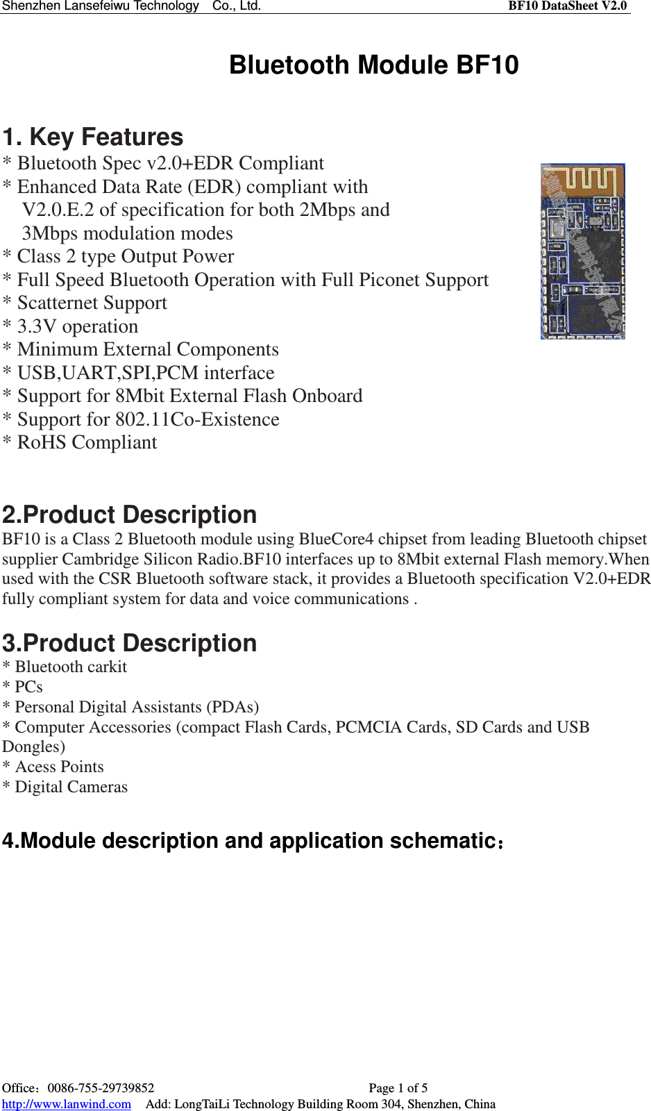 Lansefeiwu Technology BF10A Bluetooth module User Manual