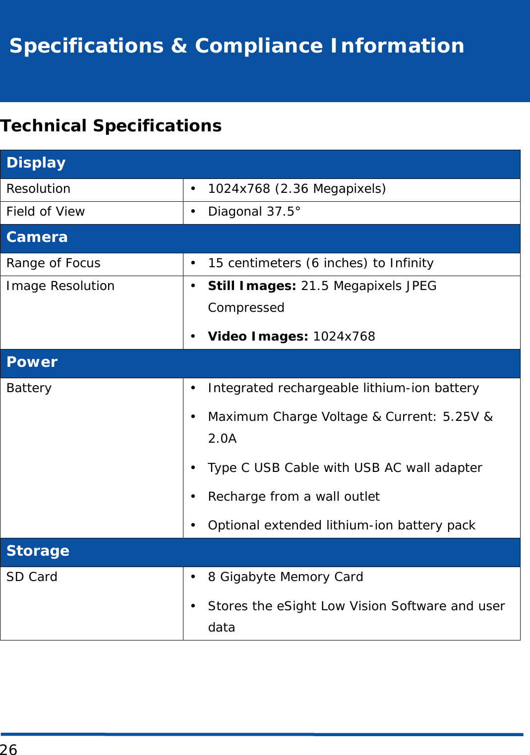 26Specifications &amp; Compliance InformationTechnical SpecificationsDisplayResolution • 1024x768 (2.36 Megapixels)Field of View • Diagonal 37.5°CameraRange of Focus • 15 centimeters (6 inches) to InfinityImage Resolution • Still Images: 21.5 Megapixels JPEG Compressed•Video Images: 1024x768PowerBattery • Integrated rechargeable lithium-ion battery• Maximum Charge Voltage &amp; Current: 5.25V &amp; 2.0A• Type C USB Cable with USB AC wall adapter• Recharge from a wall outlet• Optional extended lithium-ion battery packStorageSD Card • 8 Gigabyte Memory Card • Stores the eSight Low Vision Software and user data