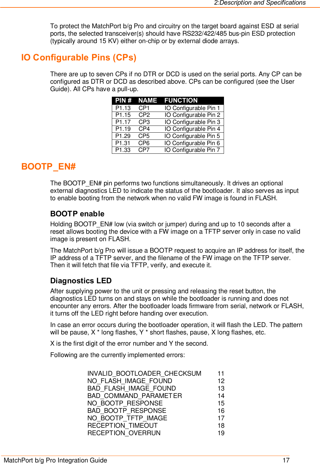 2:Description and Specifications MatchPort b/g Pro Integration Guide    17 To protect the MatchPort b/g Pro and circuitry on the target board against ESD at serial ports, the selected transceiver(s) should have RS232/422/485 bus-pin ESD protection (typically around 15 KV) either on-chip or by external diode arrays. IO Configurable Pins (CPs) There are up to seven CPs if no DTR or DCD is used on the serial ports. Any CP can be configured as DTR or DCD as described above. CPs can be configured (see the User Guide). All CPs have a pull-up. PIN # NAME FUNCTION P1.13  CP1  IO Configurable Pin 1 P1.15  CP2  IO Configurable Pin 2 P1.17  CP3  IO Configurable Pin 3 P1.19  CP4  IO Configurable Pin 4 P1.29  CP5  IO Configurable Pin 5 P1.31  CP6  IO Configurable Pin 6 P1.33  CP7  IO Configurable Pin 7 BOOTP_EN# The BOOTP_EN# pin performs two functions simultaneously. It drives an optional external diagnostics LED to indicate the status of the bootloader. It also serves as input to enable booting from the network when no valid FW image is found in FLASH. BOOTP enable Holding BOOTP_EN# low (via switch or jumper) during and up to 10 seconds after a reset allows booting the device with a FW image on a TFTP server only in case no valid image is present on FLASH. The MatchPort b/g Pro will issue a BOOTP request to acquire an IP address for itself, the IP address of a TFTP server, and the filename of the FW image on the TFTP server. Then it will fetch that file via TFTP, verify, and execute it. Diagnostics LED After supplying power to the unit or pressing and releasing the reset button, the diagnostics LED turns on and stays on while the bootloader is running and does not encounter any errors. After the bootloader loads firmware from serial, network or FLASH, it turns off the LED right before handing over execution. In case an error occurs during the bootloader operation, it will flash the LED. The pattern will be pause, X * long flashes, Y * short flashes, pause, X long flashes, etc. X is the first digit of the error number and Y the second. Following are the currently implemented errors:  INVALID_BOOTLOADER_CHECKSUM    11 NO_FLASH_IMAGE_FOUND          12 BAD_FLASH_IMAGE_FOUND          13 BAD_COMMAND_PARAMETER        14 NO_BOOTP_RESPONSE            15 BAD_BOOTP_RESPONSE            16 NO_BOOTP_TFTP_IMAGE            17 RECEPTION_TIMEOUT              18 RECEPTION_OVERRUN             19 