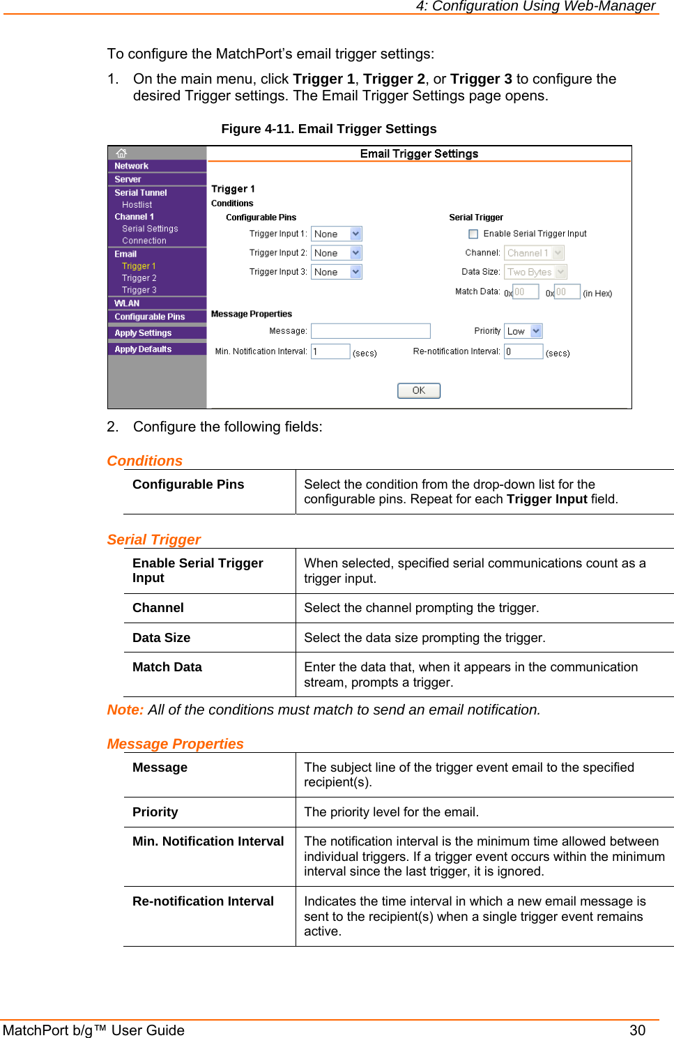 4: Configuration Using Web-Manager MatchPort b/g™ User Guide    30 To configure the MatchPort’s email trigger settings: 1.  On the main menu, click Trigger 1, Trigger 2, or Trigger 3 to configure the desired Trigger settings. The Email Trigger Settings page opens. Figure 4-11. Email Trigger Settings  2.  Configure the following fields: Conditions Configurable Pins  Select the condition from the drop-down list for the configurable pins. Repeat for each Trigger Input field. Serial Trigger Enable Serial Trigger Input  When selected, specified serial communications count as a trigger input. Channel  Select the channel prompting the trigger. Data Size  Select the data size prompting the trigger. Match Data  Enter the data that, when it appears in the communication stream, prompts a trigger. Note: All of the conditions must match to send an email notification. Message Properties Message  The subject line of the trigger event email to the specified recipient(s). Priority  The priority level for the email.  Min. Notification Interval  The notification interval is the minimum time allowed between individual triggers. If a trigger event occurs within the minimum interval since the last trigger, it is ignored. Re-notification Interval  Indicates the time interval in which a new email message is sent to the recipient(s) when a single trigger event remains active. 