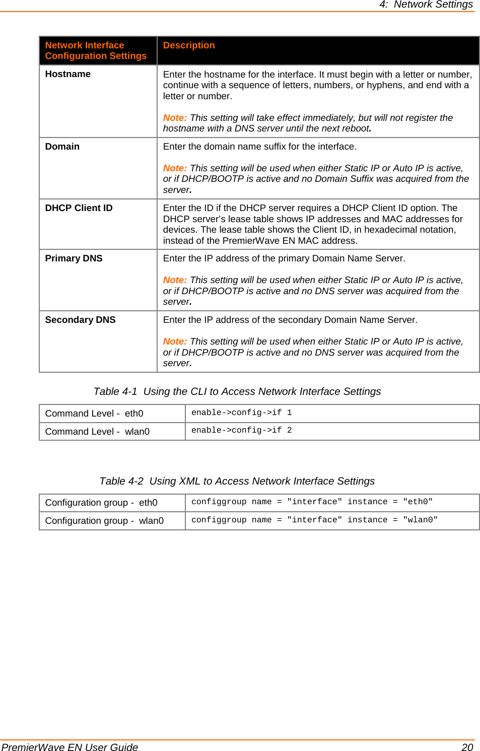 4:  Network Settings  PremierWave EN User Guide    20 Network Interface Configuration Settings Description Hostname Enter the hostname for the interface. It must begin with a letter or number, continue with a sequence of letters, numbers, or hyphens, and end with a letter or number.  Note: This setting will take effect immediately, but will not register the hostname with a DNS server until the next reboot. Domain Enter the domain name suffix for the interface.  Note: This setting will be used when either Static IP or Auto IP is active, or if DHCP/BOOTP is active and no Domain Suffix was acquired from the server. DHCP Client ID Enter the ID if the DHCP server requires a DHCP Client ID option. The DHCP server’s lease table shows IP addresses and MAC addresses for devices. The lease table shows the Client ID, in hexadecimal notation, instead of the PremierWave EN MAC address. Primary DNS Enter the IP address of the primary Domain Name Server.  Note: This setting will be used when either Static IP or Auto IP is active, or if DHCP/BOOTP is active and no DNS server was acquired from the server. Secondary DNS Enter the IP address of the secondary Domain Name Server.  Note: This setting will be used when either Static IP or Auto IP is active, or if DHCP/BOOTP is active and no DNS server was acquired from the server. Table 4-1  Using the CLI to Access Network Interface Settings Command Level -  eth0 enable-&gt;config-&gt;if 1 Command Level -  wlan0  enable-&gt;config-&gt;if 2  Table 4-2  Using XML to Access Network Interface Settings Configuration group -  eth0 configgroup name = &quot;interface&quot; instance = &quot;eth0&quot; Configuration group -  wlan0 configgroup name = &quot;interface&quot; instance = &quot;wlan0&quot;    