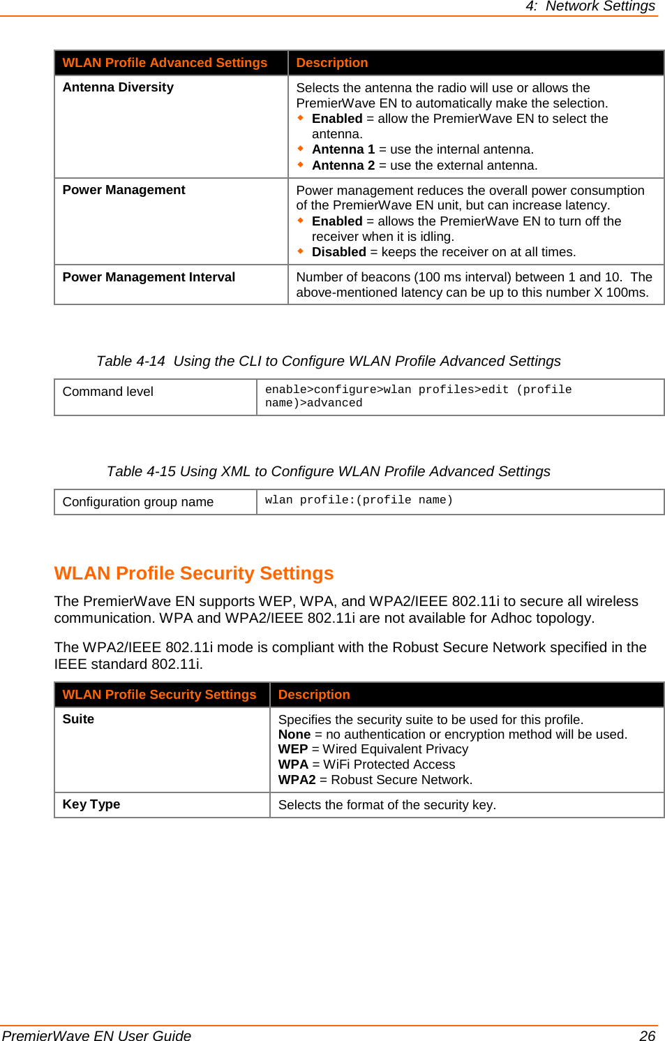 4:  Network Settings  PremierWave EN User Guide    26 WLAN Profile Advanced Settings Description Antenna Diversity Selects the antenna the radio will use or allows the PremierWave EN to automatically make the selection.  Enabled = allow the PremierWave EN to select the antenna.  Antenna 1 = use the internal antenna.  Antenna 2 = use the external antenna. Power Management Power management reduces the overall power consumption of the PremierWave EN unit, but can increase latency.  Enabled = allows the PremierWave EN to turn off the receiver when it is idling.  Disabled = keeps the receiver on at all times. Power Management Interval Number of beacons (100 ms interval) between 1 and 10.  The above-mentioned latency can be up to this number X 100ms.  Table 4-14  Using the CLI to Configure WLAN Profile Advanced Settings Command level enable&gt;configure&gt;wlan profiles&gt;edit (profile name)&gt;advanced   Table 4-15 Using XML to Configure WLAN Profile Advanced Settings Configuration group name wlan profile:(profile name)   WLAN Profile Security Settings The PremierWave EN supports WEP, WPA, and WPA2/IEEE 802.11i to secure all wireless communication. WPA and WPA2/IEEE 802.11i are not available for Adhoc topology.  The WPA2/IEEE 802.11i mode is compliant with the Robust Secure Network specified in the IEEE standard 802.11i.  WLAN Profile Security Settings Description Suite Specifies the security suite to be used for this profile. None = no authentication or encryption method will be used. WEP = Wired Equivalent Privacy WPA = WiFi Protected Access WPA2 = Robust Secure Network. Key Type Selects the format of the security key. 