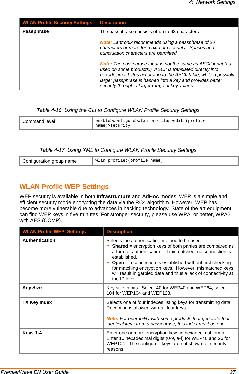 4:  Network Settings  PremierWave EN User Guide    27 WLAN Profile Security Settings Description Passphrase The passphrase consists of up to 63 characters.   Note: Lantronix recommends using a passphrase of 20 characters or more for maximum security.  Spaces and punctuation characters are permitted.  Note: The passphrase input is not the same as ASCII input (as used on some products.)  ASCII is translated directly into hexadecimal bytes according to the ASCII table, while a possibly larger passphrase is hashed into a key and provides better security through a larger range of key values.  Table 4-16  Using the CLI to Configure WLAN Profile Security Settings Command level enable&gt;configure&gt;wlan profiles&gt;edit (profile name)&gt;security  Table 4-17  Using XML to Configure WLAN Profile Security Settings Configuration group name wlan profile:(profile name)    WLAN Profile WEP Settings WEP security is available in both Infrastructure and AdHoc modes. WEP is a simple and efficient security mode encrypting the data via the RC4 algorithm. However, WEP has become more vulnerable due to advances in hacking technology. State of the art equipment can find WEP keys in five minutes. For stronger security, please use WPA, or better, WPA2 with AES (CCMP). WLAN Profile WEP  Settings Description Authentication Selects the authentication method to be used.  Shared = encryption keys of both parties are compared as a form of authentication.  If mismatched, no connection is established.  Open = a connection is established without first checking for matching encryption keys.  However, mismatched keys will result in garbled data and thus a lack of connectivity at the IP level. Key Size Key size in bits.  Select 40 for WEP40 and WEP64, select 104 for WEP104 and WEP128. TX Key Index Selects one of four indexes listing keys for transmitting data.  Reception is allowed with all four keys.  Note: For operability with some products that generate four identical keys from a passphrase, this index must be one. Keys 1-4 Enter one or more encryption keys in hexadecimal format.  Enter 10 hexadecimal digits (0-9, a-f) for WEP40 and 26 for WEP104.  The configured keys are not shown for security reasons. 