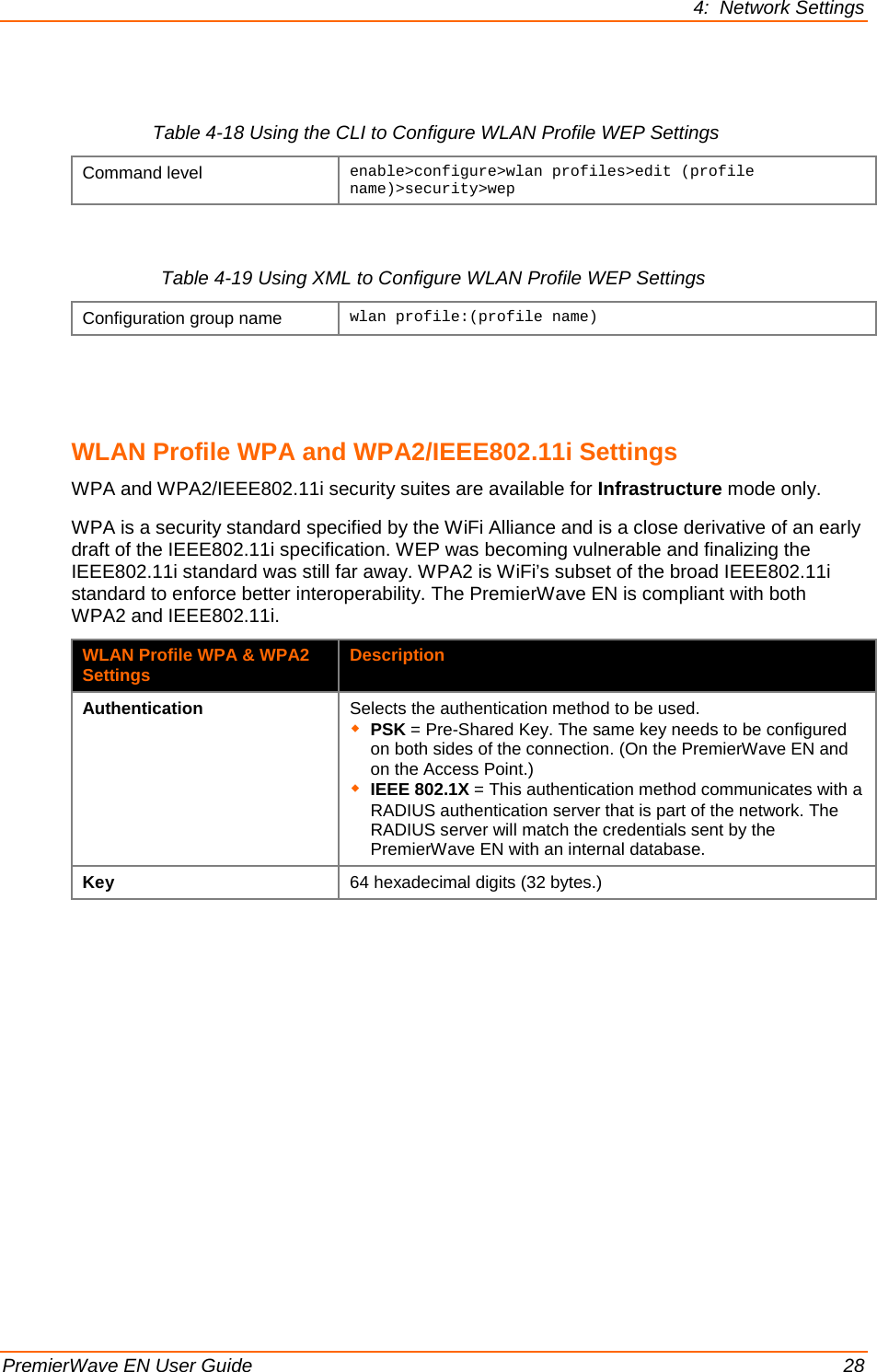 4:  Network Settings  PremierWave EN User Guide    28   Table 4-18 Using the CLI to Configure WLAN Profile WEP Settings Command level enable&gt;configure&gt;wlan profiles&gt;edit (profile name)&gt;security&gt;wep    Table 4-19 Using XML to Configure WLAN Profile WEP Settings Configuration group name wlan profile:(profile name)    WLAN Profile WPA and WPA2/IEEE802.11i Settings WPA and WPA2/IEEE802.11i security suites are available for Infrastructure mode only.  WPA is a security standard specified by the WiFi Alliance and is a close derivative of an early draft of the IEEE802.11i specification. WEP was becoming vulnerable and finalizing the IEEE802.11i standard was still far away. WPA2 is WiFi’s subset of the broad IEEE802.11i standard to enforce better interoperability. The PremierWave EN is compliant with both WPA2 and IEEE802.11i. WLAN Profile WPA &amp; WPA2 Settings Description Authentication Selects the authentication method to be used.  PSK = Pre-Shared Key. The same key needs to be configured on both sides of the connection. (On the PremierWave EN and on the Access Point.)  IEEE 802.1X = This authentication method communicates with a RADIUS authentication server that is part of the network. The RADIUS server will match the credentials sent by the PremierWave EN with an internal database. Key 64 hexadecimal digits (32 bytes.) 