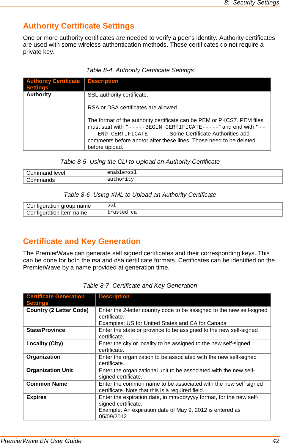 8:  Security Settings PremierWave EN User Guide    42 Authority Certificate Settings One or more authority certificates are needed to verify a peer&apos;s identity. Authority certificates are used with some wireless authentication methods. These certificates do not require a private key. Table 8-4  Authority Certificate Settings Authority Certificate Settings Description Authority SSL authority certificate.   RSA or DSA certificates are allowed.  The format of the authority certificate can be PEM or PKCS7. PEM files must start with “-----BEGIN CERTIFICATE-----” and end with “-----END CERTIFICATE-----”. Some Certificate Authorities add comments before and/or after these lines. Those need to be deleted before upload. Table 8-5  Using the CLI to Upload an Authority Certificate Command level enable&gt;ssl Commands authority Table 8-6  Using XML to Upload an Authority Certificate Configuration group name ssl Configuration item name trusted ca  Certificate and Key Generation The PremierWave can generate self signed certificates and their corresponding keys. This can be done for both the rsa and dsa certificate formats. Certificates can be identified on the PremierWave by a name provided at generation time. Table 8-7  Certificate and Key Generation Certificate Generation Settings Description Country (2 Letter Code) Enter the 2-letter country code to be assigned to the new self-signed certificate. Examples: US for United States and CA for Canada State/Province Enter the state or province to be assigned to the new self-signed certificate. Locality (City) Enter the city or locality to be assigned to the new self-signed certificate. Organization Enter the organization to be associated with the new self-signed certificate. Organization Unit Enter the organizational unit to be associated with the new self-signed certificate. Common Name Enter the common name to be associated with the new self signed certificate. Note that this is a required field. Expires Enter the expiration date, in mm/dd/yyyy format, for the new self-signed certificate. Example: An expiration date of May 9, 2012 is entered as 05/09/2012. 