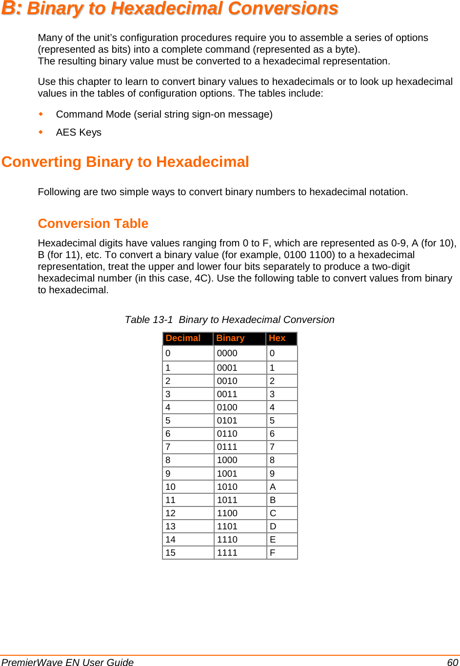   PremierWave EN User Guide    60 BB::  BBiinnaarryy  ttoo  HHeexxaaddeecciimmaall  CCoonnvveerrssiioonnss  Many of the unit’s configuration procedures require you to assemble a series of options (represented as bits) into a complete command (represented as a byte).  The resulting binary value must be converted to a hexadecimal representation. Use this chapter to learn to convert binary values to hexadecimals or to look up hexadecimal values in the tables of configuration options. The tables include:  Command Mode (serial string sign-on message)  AES Keys Converting Binary to Hexadecimal Following are two simple ways to convert binary numbers to hexadecimal notation. Conversion Table Hexadecimal digits have values ranging from 0 to F, which are represented as 0-9, A (for 10), B (for 11), etc. To convert a binary value (for example, 0100 1100) to a hexadecimal representation, treat the upper and lower four bits separately to produce a two-digit hexadecimal number (in this case, 4C). Use the following table to convert values from binary to hexadecimal. Table 13-1  Binary to Hexadecimal Conversion Decimal Binary Hex 0  0000  0 1  0001  1 2  0010  2 3  0011  3 4  0100  4 5  0101  5 6  0110  6 7  0111  7 8  1000  8 9  1001  9 10 1010  A 11 1011  B 12 1100  C 13 1101  D 14 1110  E 15 1111  F   