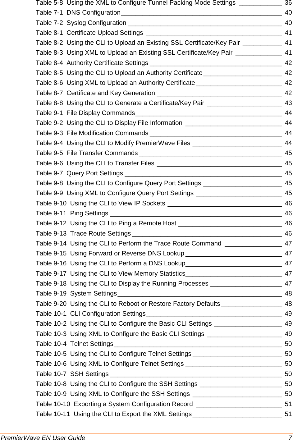  PremierWave EN User Guide    7 Table 5-8  Using the XML to Configure Tunnel Packing Mode Settings ____________ 36 Table 7-1  DNS Configuration _____________________________________________ 40 Table 7-2  Syslog Configuration ___________________________________________ 40 Table 8-1  Certificate Upload Settings ______________________________________ 41 Table 8-2  Using the CLI to Upload an Existing SSL Certificate/Key Pair ___________ 41 Table 8-3  Using XML to Upload an Existing SSL Certificate/Key Pair _____________ 41 Table 8-4  Authority Certificate Settings _____________________________________ 42 Table 8-5  Using the CLI to Upload an Authority Certificate ______________________ 42 Table 8-6  Using XML to Upload an Authority Certificate ________________________ 42 Table 8-7  Certificate and Key Generation ___________________________________ 42 Table 8-8  Using the CLI to Generate a Certificate/Key Pair _____________________ 43 Table 9-1  File Display Commands _________________________________________ 44 Table 9-2  Using the CLI to Display File Information ___________________________ 44 Table 9-3  File Modification Commands _____________________________________ 44 Table 9-4  Using the CLI to Modify PremierWave Files _________________________ 44 Table 9-5  File Transfer Commands ________________________________________ 45 Table 9-6  Using the CLI to Transfer Files ___________________________________ 45 Table 9-7  Query Port Settings ____________________________________________ 45 Table 9-8  Using the CLI to Configure Query Port Settings ______________________ 45 Table 9-9  Using XML to Configure Query Port Settings ________________________ 45 Table 9-10  Using the CLI to View IP Sockets ________________________________ 46 Table 9-11  Ping Settings ________________________________________________ 46 Table 9-12  Using the CLI to Ping a Remote Host _____________________________ 46 Table 9-13  Trace Route Settings __________________________________________ 46 Table 9-14  Using the CLI to Perform the Trace Route Command ________________ 47 Table 9-15  Using Forward or Reverse DNS Lookup ___________________________ 47 Table 9-16  Using the CLI to Perform a DNS Lookup ___________________________ 47 Table 9-17  Using the CLI to View Memory Statistics ___________________________ 47 Table 9-18  Using the CLI to Display the Running Processes ____________________ 47 Table 9-19  System Settings ______________________________________________ 48 Table 9-20  Using the CLI to Reboot or Restore Factory Defaults _________________ 48 Table 10-1  CLI Configuration Settings ______________________________________ 49 Table 10-2  Using the CLI to Configure the Basic CLI Settings ___________________ 49 Table 10-3  Using XML to Configure the Basic CLI Settings _____________________ 49 Table 10-4  Telnet Settings _______________________________________________ 50 Table 10-5  Using the CLI to Configure Telnet Settings _________________________ 50 Table 10-6  Using XML to Configure Telnet Settings ___________________________ 50 Table 10-7  SSH Settings ________________________________________________ 50 Table 10-8  Using the CLI to Configure the SSH Settings _______________________ 50 Table 10-9  Using XML to Configure the SSH Settings _________________________ 50 Table 10-10  Exporting a System Configuration Record ________________________ 51 Table 10-11  Using the CLI to Export the XML Settings _________________________ 51 