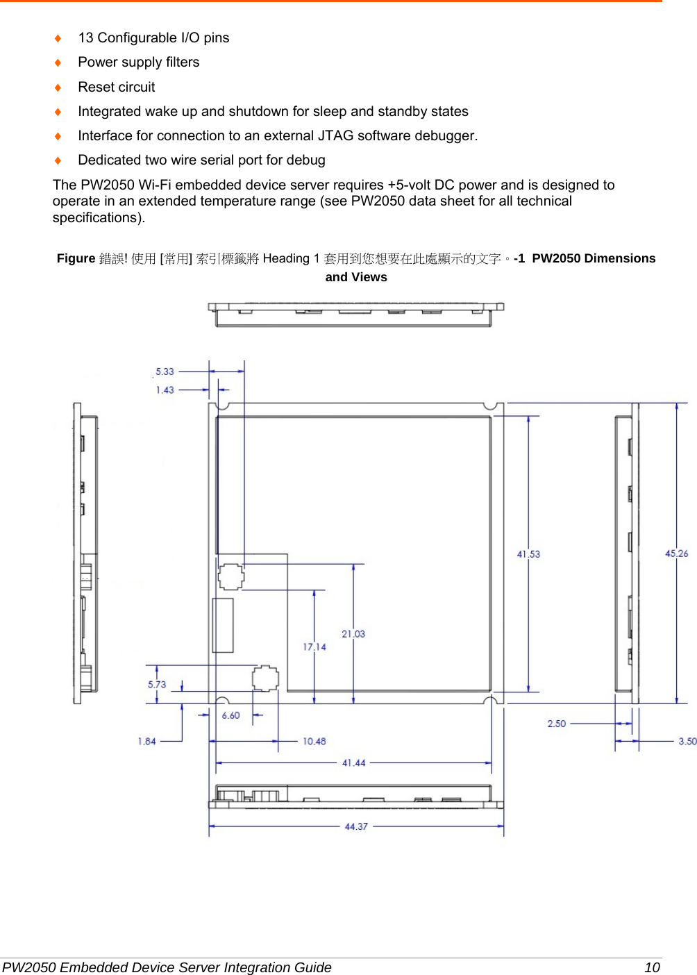  PW2050 Embedded Device Server Integration Guide  10 ♦ 13 Configurable I/O pins ♦ Power supply filters  ♦ Reset circuit  ♦ Integrated wake up and shutdown for sleep and standby states ♦ Interface for connection to an external JTAG software debugger. ♦ Dedicated two wire serial port for debug The PW2050 Wi-Fi embedded device server requires +5-volt DC power and is designed to operate in an extended temperature range (see PW2050 data sheet for all technical specifications).  Figure 錯誤! 使用 [常用] 索引標籤將 Heading 1 套用到您想要在此處顯示的文字。-1  PW2050 Dimensions and Views     