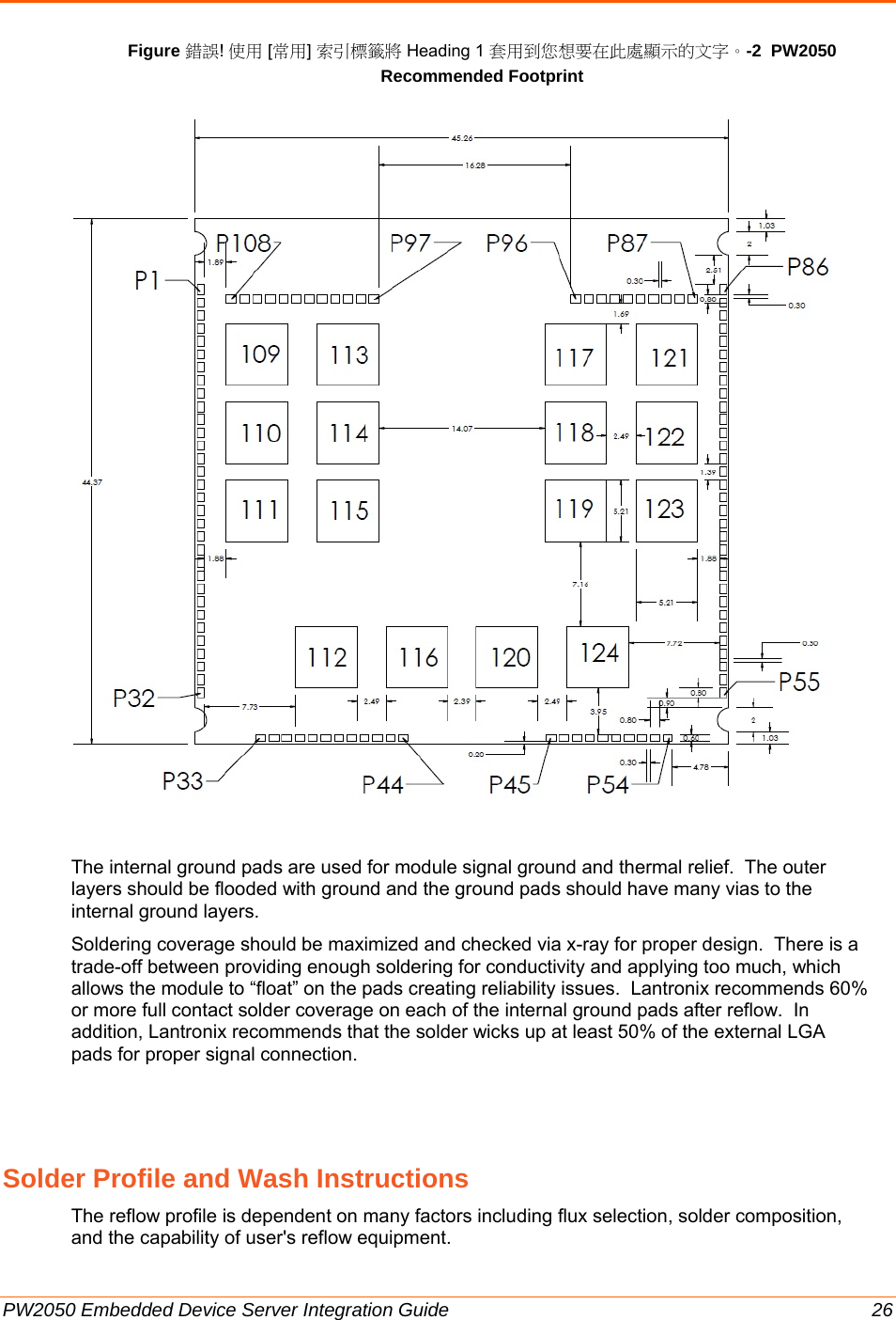  PW2050 Embedded Device Server Integration Guide  26 Figure 錯誤! 使用 [常用] 索引標籤將 Heading 1 套用到您想要在此處顯示的文字。-2  PW2050 Recommended Footprint   The internal ground pads are used for module signal ground and thermal relief.  The outer layers should be flooded with ground and the ground pads should have many vias to the internal ground layers.   Soldering coverage should be maximized and checked via x-ray for proper design.  There is a trade-off between providing enough soldering for conductivity and applying too much, which allows the module to “float” on the pads creating reliability issues.  Lantronix recommends 60% or more full contact solder coverage on each of the internal ground pads after reflow.  In addition, Lantronix recommends that the solder wicks up at least 50% of the external LGA pads for proper signal connection.  Solder Profile and Wash Instructions The reflow profile is dependent on many factors including flux selection, solder composition, and the capability of user&apos;s reflow equipment.  