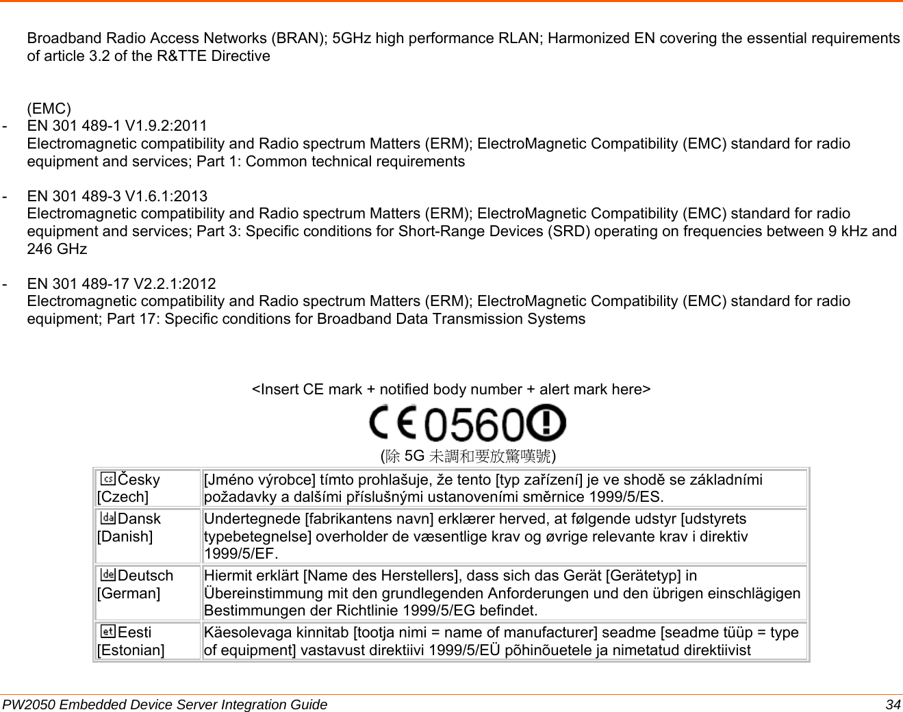  PW2050 Embedded Device Server Integration Guide  34 Broadband Radio Access Networks (BRAN); 5GHz high performance RLAN; Harmonized EN covering the essential requirements of article 3.2 of the R&amp;TTE Directive   (EMC) -  EN 301 489-1 V1.9.2:2011 Electromagnetic compatibility and Radio spectrum Matters (ERM); ElectroMagnetic Compatibility (EMC) standard for radio equipment and services; Part 1: Common technical requirements  -  EN 301 489-3 V1.6.1:2013  Electromagnetic compatibility and Radio spectrum Matters (ERM); ElectroMagnetic Compatibility (EMC) standard for radio equipment and services; Part 3: Specific conditions for Short-Range Devices (SRD) operating on frequencies between 9 kHz and 246 GHz   -  EN 301 489-17 V2.2.1:2012  Electromagnetic compatibility and Radio spectrum Matters (ERM); ElectroMagnetic Compatibility (EMC) standard for radio equipment; Part 17: Specific conditions for Broadband Data Transmission Systems    &lt;Insert CE mark + notified body number + alert mark here&gt;  (除5G 未調和要放驚嘆號) Česky [Czech] [Jméno výrobce] tímto prohlašuje, že tento [typ zařízení] je ve shodě se základními požadavky a dalšími příslušnými ustanoveními směrnice 1999/5/ES. Dansk [Danish] Undertegnede [fabrikantens navn] erklærer herved, at følgende udstyr [udstyrets typebetegnelse] overholder de væsentlige krav og øvrige relevante krav i direktiv 1999/5/EF. Deutsch [German] Hiermit erklärt [Name des Herstellers], dass sich das Gerät [Gerätetyp] in Übereinstimmung mit den grundlegenden Anforderungen und den übrigen einschlägigen Bestimmungen der Richtlinie 1999/5/EG befindet. Eesti [Estonian] Käesolevaga kinnitab [tootja nimi = name of manufacturer] seadme [seadme tüüp = type of equipment] vastavust direktiivi 1999/5/EÜ põhinõuetele ja nimetatud direktiivist 