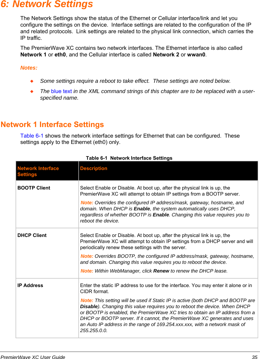 6: Network SettingsThe Network Settings show the status of the Ethernet or Cellular interface/link and let youconfigure the settings on the device.  Interface settings are related to the configuration of the IPand related protocols.  Link settings are related to the physical link connection, which carries theIP traffic.The PremierWave XC contains two network interfaces. The Ethernet interface is also calledNetwork 1 or eth0, and the Cellular interface is called Network 2 or wwan0.Notes:Some settings require a reboot to take effect.  These settings are noted below.The blue text in the XML command strings of this chapter are to be replaced with a user-specified name.Network 1 Interface SettingsTable 6-1 shows the network interface settings for Ethernet that can be configured.  Thesesettings apply to the Ethernet (eth0) only.Table 6-1  Network Interface SettingsNetwork InterfaceSettingsDescriptionBOOTP Client Select Enable or Disable. At boot up, after the physical link is up, thePremierWave XC will attempt to obtain IP settings from a BOOTP server.Note: Overrides the configured IP address/mask, gateway, hostname, anddomain. When DHCP is Enable, the system automatically uses DHCP,regardless of whether BOOTP is Enable. Changing this value requires you toreboot the device.DHCP Client Select Enable or Disable. At boot up, after the physical link is up, thePremierWave XC will attempt to obtain IP settings from a DHCP server and willperiodically renew these settings with the server.Note: Overrides BOOTP, the configured IP address/mask, gateway, hostname,and domain. Changing this value requires you to reboot the device.Note: Within WebManager, click Renew to renew the DHCP lease.IP Address Enter the static IP address to use for the interface. You may enter it alone or inCIDR format.Note: This setting will be used if Static IP is active (both DHCP and BOOTP areDisable). Changing this value requires you to reboot the device. When DHCPor BOOTP is enabled, the PremierWave XC tries to obtain an IP address from aDHCP or BOOTP server. If it cannot, the PremierWave XC generates and usesan Auto IP address in the range of 169.254.xxx.xxx, with a network mask of255.255.0.0.PremierWave XC User Guide 35