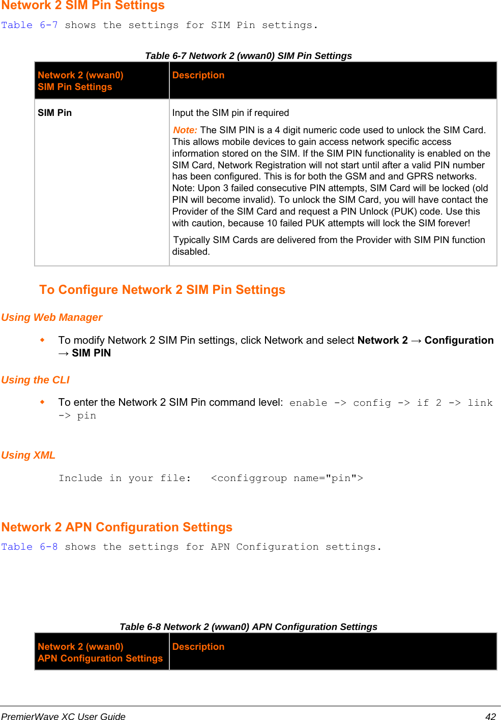 Network 2 SIM Pin SettingsTable 6-7 shows the settings for SIM Pin settings.Table 6-7 Network 2 (wwan0) SIM Pin SettingsNetwork 2 (wwan0)SIM Pin SettingsDescriptionSIM Pin Input the SIM pin if requiredNote: The SIM PIN is a 4 digit numeric code used to unlock the SIM Card.This allows mobile devices to gain access network specific accessinformation stored on the SIM. If the SIM PIN functionality is enabled on theSIM Card, Network Registration will not start until after a valid PIN numberhas been configured. This is for both the GSM and and GPRS networks.Note: Upon 3 failed consecutive PIN attempts, SIM Card will be locked (oldPIN will become invalid). To unlock the SIM Card, you will have contact theProvider of the SIM Card and request a PIN Unlock (PUK) code. Use thiswith caution, because 10 failed PUK attempts will lock the SIM forever!Typically SIM Cards are delivered from the Provider with SIM PIN functiondisabled.To Configure Network 2 SIM Pin SettingsUsing Web ManagerTo modify Network 2 SIM Pin settings, click Network and select Network 2 → Configuration→ SIM PINUsing the CLITo enter the Network 2 SIM Pin command level: enable -&gt; config -&gt; if 2 -&gt; link-&gt; pinUsing XMLInclude in your file:   &lt;configgroup name=&quot;pin&quot;&gt;Network 2 APN Configuration SettingsTable 6-8 shows the settings for APN Configuration settings.Table 6-8 Network 2 (wwan0) APN Configuration SettingsNetwork 2 (wwan0)APN Configuration SettingsDescriptionPremierWave XC User Guide 42