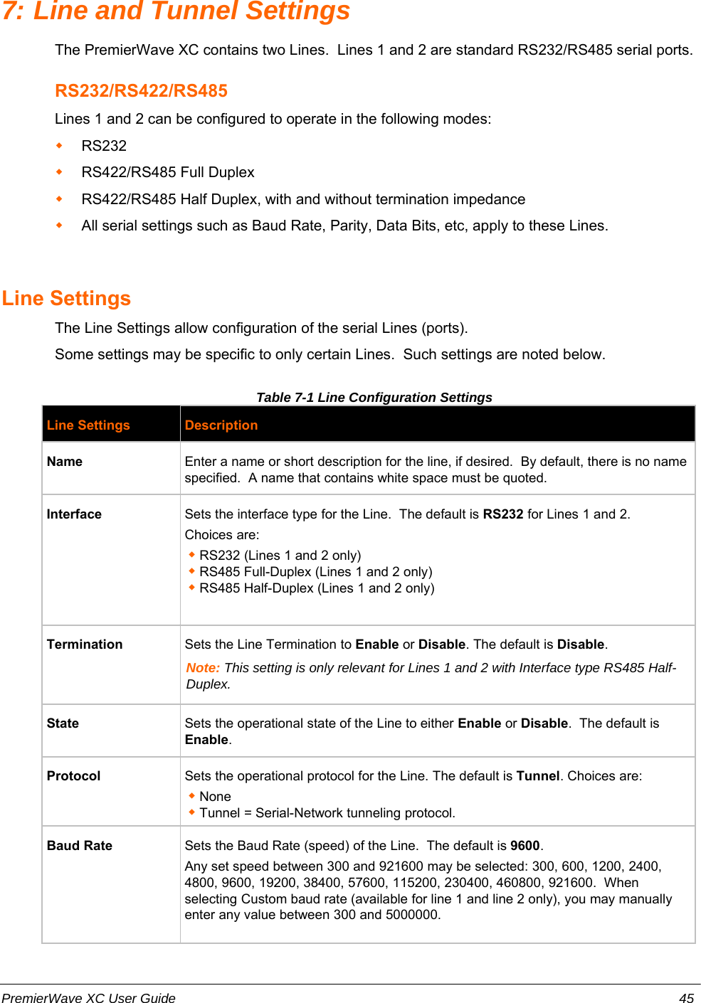 7: Line and Tunnel SettingsThe PremierWave XC contains two Lines.  Lines 1 and 2 are standard RS232/RS485 serial ports.RS232/RS422/RS485Lines 1 and 2 can be configured to operate in the following modes:RS232RS422/RS485 Full DuplexRS422/RS485 Half Duplex, with and without termination impedanceAll serial settings such as Baud Rate, Parity, Data Bits, etc, apply to these Lines.Line SettingsThe Line Settings allow configuration of the serial Lines (ports).Some settings may be specific to only certain Lines.  Such settings are noted below.Table 7-1 Line Configuration SettingsLine Settings DescriptionName Enter a name or short description for the line, if desired.  By default, there is no namespecified.  A name that contains white space must be quoted.Interface Sets the interface type for the Line.  The default is RS232 for Lines 1 and 2.Choices are:RS232 (Lines 1 and 2 only)RS485 Full-Duplex (Lines 1 and 2 only)RS485 Half-Duplex (Lines 1 and 2 only)Termination Sets the Line Termination to Enable or Disable. The default is Disable.Note: This setting is only relevant for Lines 1 and 2 with Interface type RS485 Half-Duplex.State Sets the operational state of the Line to either Enable or Disable.  The default isEnable.Protocol Sets the operational protocol for the Line. The default is Tunnel. Choices are:NoneTunnel = Serial-Network tunneling protocol.Baud Rate Sets the Baud Rate (speed) of the Line.  The default is 9600.Any set speed between 300 and 921600 may be selected: 300, 600, 1200, 2400,4800, 9600, 19200, 38400, 57600, 115200, 230400, 460800, 921600.  Whenselecting Custom baud rate (available for line 1 and line 2 only), you may manuallyenter any value between 300 and 5000000.PremierWave XC User Guide 45