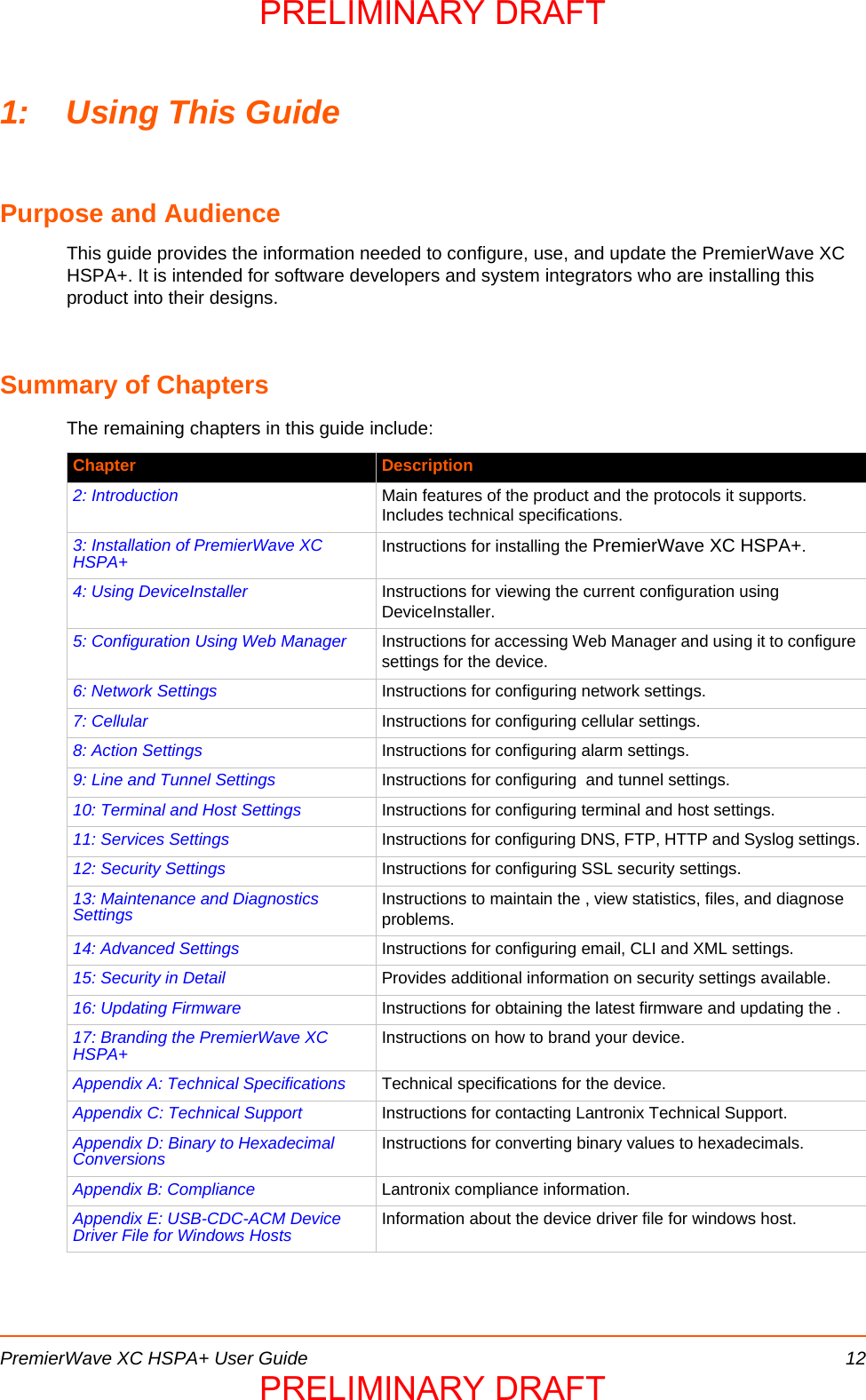 PremierWave XC HSPA+ User Guide 121: Using This GuidePurpose and AudienceThis guide provides the information needed to configure, use, and update the PremierWave XC HSPA+. It is intended for software developers and system integrators who are installing this product into their designs.Summary of ChaptersThe remaining chapters in this guide include:Chapter  Description2: Introduction Main features of the product and the protocols it supports. Includes technical specifications. 3: Installation of PremierWave XC HSPA+ Instructions for installing the PremierWave XC HSPA+.4: Using DeviceInstaller Instructions for viewing the current configuration using DeviceInstaller.5: Configuration Using Web Manager Instructions for accessing Web Manager and using it to configure settings for the device.6: Network Settings Instructions for configuring network settings.7: Cellular Instructions for configuring cellular settings.8: Action Settings Instructions for configuring alarm settings.9: Line and Tunnel Settings Instructions for configuring  and tunnel settings.10: Terminal and Host Settings Instructions for configuring terminal and host settings.11: Services Settings Instructions for configuring DNS, FTP, HTTP and Syslog settings.12: Security Settings Instructions for configuring SSL security settings. 13: Maintenance and Diagnostics Settings Instructions to maintain the , view statistics, files, and diagnose problems.14: Advanced Settings Instructions for configuring email, CLI and XML settings.15: Security in Detail Provides additional information on security settings available.16: Updating Firmware Instructions for obtaining the latest firmware and updating the .17: Branding the PremierWave XC HSPA+ Instructions on how to brand your device.Appendix A: Technical Specifications Technical specifications for the device.Appendix C: Technical Support Instructions for contacting Lantronix Technical Support.Appendix D: Binary to Hexadecimal Conversions Instructions for converting binary values to hexadecimals.Appendix B: Compliance Lantronix compliance information.Appendix E: USB-CDC-ACM Device Driver File for Windows Hosts Information about the device driver file for windows host.PRELIMINARY DRAFTPRELIMINARY DRAFT