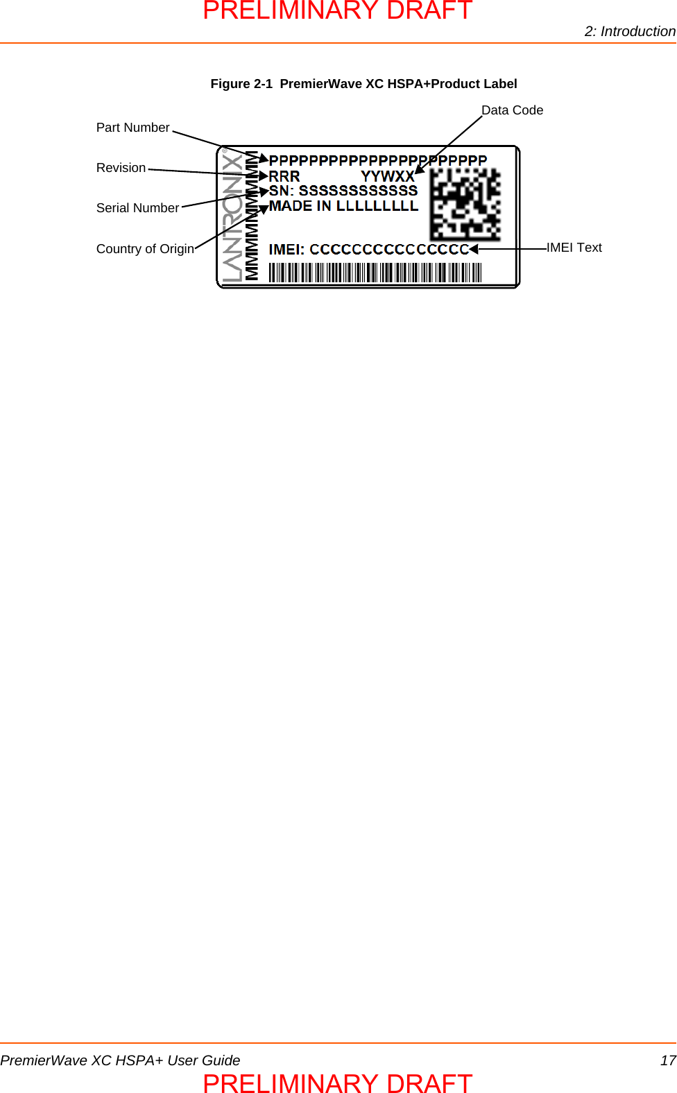 2: IntroductionPremierWave XC HSPA+ User Guide 17Figure 2-1  PremierWave XC HSPA+Product LabelPart NumberRevisionSerial NumberCountry of Origin  Data Code                                IMEI TextPRELIMINARY DRAFTPRELIMINARY DRAFT