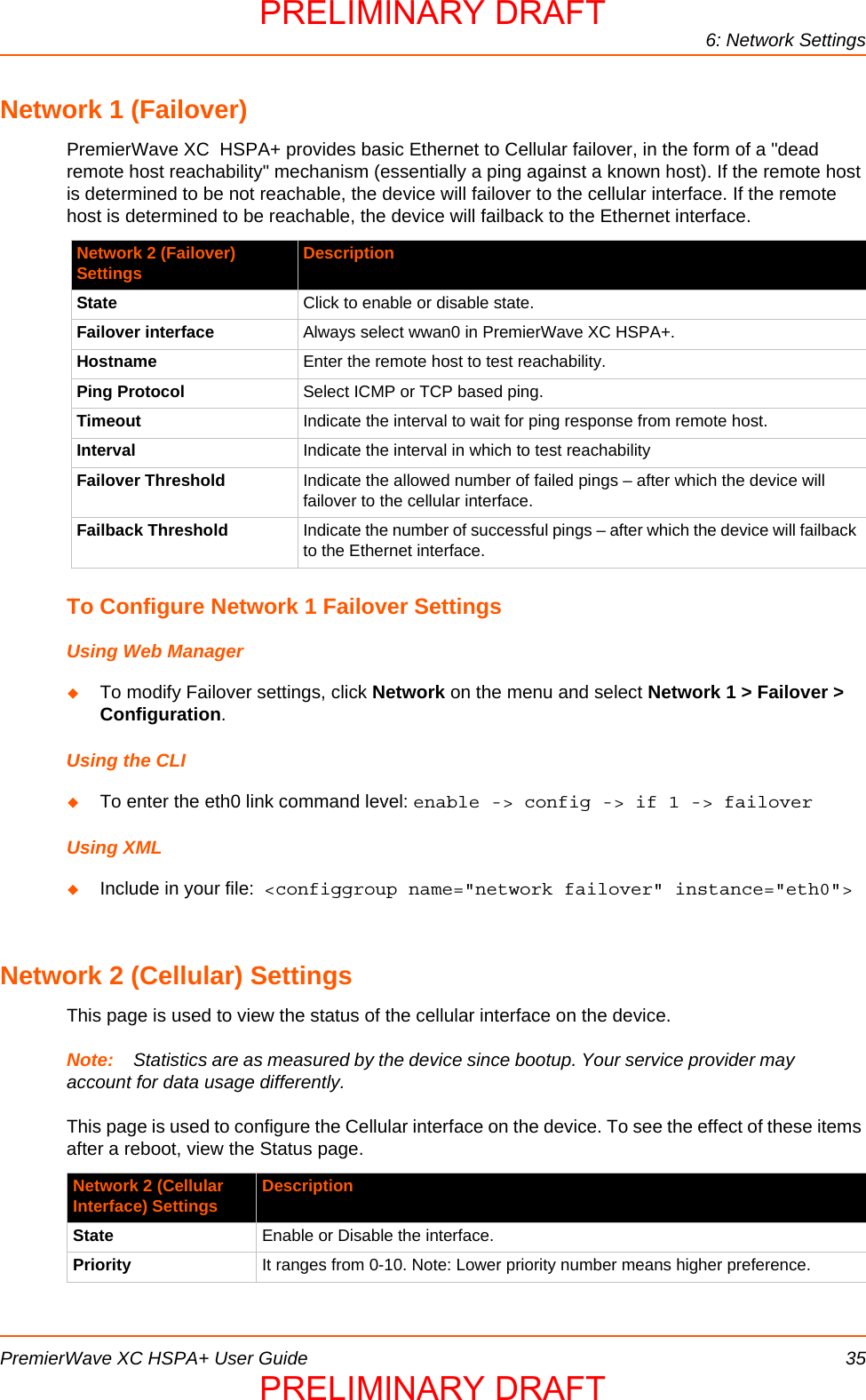 6: Network SettingsPremierWave XC HSPA+ User Guide 35Network 1 (Failover)PremierWave XC  HSPA+ provides basic Ethernet to Cellular failover, in the form of a &quot;dead remote host reachability&quot; mechanism (essentially a ping against a known host). If the remote host is determined to be not reachable, the device will failover to the cellular interface. If the remote host is determined to be reachable, the device will failback to the Ethernet interface.To Configure Network 1 Failover SettingsUsing Web ManagerTo modify Failover settings, click Network on the menu and select Network 1 &gt; Failover &gt; Configuration.Using the CLITo enter the eth0 link command level: enable -&gt; config -&gt; if 1 -&gt; failoverUsing XMLInclude in your file:  &lt;configgroup name=&quot;network failover&quot; instance=&quot;eth0&quot;&gt;Network 2 (Cellular) SettingsThis page is used to view the status of the cellular interface on the device. Note: Statistics are as measured by the device since bootup. Your service provider may account for data usage differently.This page is used to configure the Cellular interface on the device. To see the effect of these items after a reboot, view the Status page.Network 2 (Failover) Settings DescriptionState Click to enable or disable state.Failover interface Always select wwan0 in PremierWave XC HSPA+.Hostname Enter the remote host to test reachability.Ping Protocol Select ICMP or TCP based ping.Timeout Indicate the interval to wait for ping response from remote host.Interval Indicate the interval in which to test reachabilityFailover Threshold Indicate the allowed number of failed pings – after which the device will failover to the cellular interface.Failback Threshold Indicate the number of successful pings – after which the device will failback to the Ethernet interface.Network 2 (Cellular Interface) Settings DescriptionState Enable or Disable the interface.Priority It ranges from 0-10. Note: Lower priority number means higher preference.PRELIMINARY DRAFTPRELIMINARY DRAFT