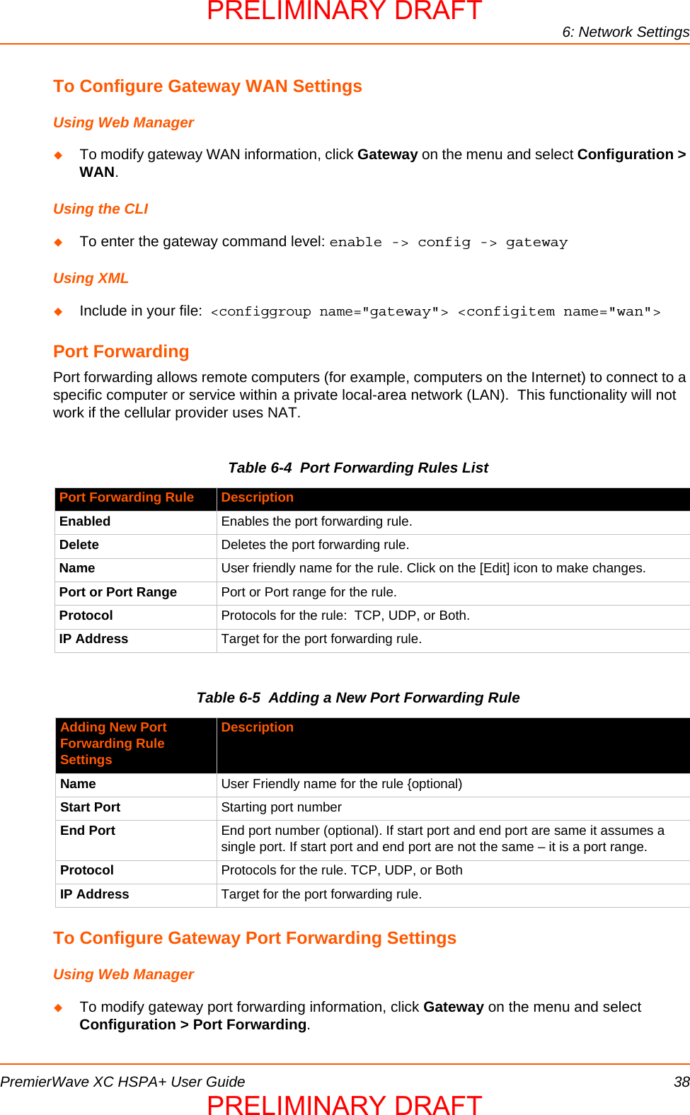 6: Network SettingsPremierWave XC HSPA+ User Guide 38To Configure Gateway WAN SettingsUsing Web ManagerTo modify gateway WAN information, click Gateway on the menu and select Configuration &gt; WAN.Using the CLITo enter the gateway command level: enable -&gt; config -&gt; gatewayUsing XMLInclude in your file:  &lt;configgroup name=&quot;gateway&quot;&gt; &lt;configitem name=&quot;wan&quot;&gt;Port ForwardingPort forwarding allows remote computers (for example, computers on the Internet) to connect to a specific computer or service within a private local-area network (LAN).  This functionality will not work if the cellular provider uses NAT.Table 6-4  Port Forwarding Rules ListTable 6-5  Adding a New Port Forwarding RuleTo Configure Gateway Port Forwarding SettingsUsing Web ManagerTo modify gateway port forwarding information, click Gateway on the menu and select Configuration &gt; Port Forwarding.Port Forwarding Rule DescriptionEnabled Enables the port forwarding rule.Delete Deletes the port forwarding rule.Name User friendly name for the rule. Click on the [Edit] icon to make changes.Port or Port Range Port or Port range for the rule.Protocol Protocols for the rule:  TCP, UDP, or Both.IP Address Target for the port forwarding rule.Adding New Port Forwarding Rule SettingsDescriptionName User Friendly name for the rule {optional)Start Port Starting port numberEnd Port End port number (optional). If start port and end port are same it assumes a single port. If start port and end port are not the same – it is a port range.Protocol Protocols for the rule. TCP, UDP, or BothIP Address Target for the port forwarding rule.PRELIMINARY DRAFTPRELIMINARY DRAFT