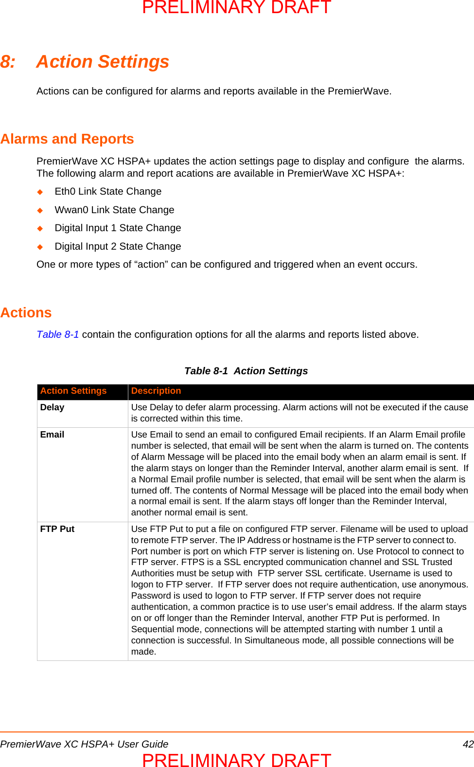 PremierWave XC HSPA+ User Guide 428: Action SettingsActions can be configured for alarms and reports available in the PremierWave. Alarms and ReportsPremierWave XC HSPA+ updates the action settings page to display and configure  the alarms.   The following alarm and report acations are available in PremierWave XC HSPA+:Eth0 Link State ChangeWwan0 Link State ChangeDigital Input 1 State ChangeDigital Input 2 State ChangeOne or more types of “action” can be configured and triggered when an event occurs. ActionsTable 8-1 contain the configuration options for all the alarms and reports listed above.Table 8-1  Action SettingsAction Settings DescriptionDelay Use Delay to defer alarm processing. Alarm actions will not be executed if the cause is corrected within this time.Email Use Email to send an email to configured Email recipients. If an Alarm Email profile number is selected, that email will be sent when the alarm is turned on. The contents of Alarm Message will be placed into the email body when an alarm email is sent. If the alarm stays on longer than the Reminder Interval, another alarm email is sent.  If a Normal Email profile number is selected, that email will be sent when the alarm is turned off. The contents of Normal Message will be placed into the email body when a normal email is sent. If the alarm stays off longer than the Reminder Interval, another normal email is sent.FTP Put Use FTP Put to put a file on configured FTP server. Filename will be used to upload to remote FTP server. The IP Address or hostname is the FTP server to connect to.        Port number is port on which FTP server is listening on. Use Protocol to connect to FTP server. FTPS is a SSL encrypted communication channel and SSL Trusted Authorities must be setup with  FTP server SSL certificate. Username is used to logon to FTP server.  If FTP server does not require authentication, use anonymous. Password is used to logon to FTP server. If FTP server does not require authentication, a common practice is to use user’s email address. If the alarm stays on or off longer than the Reminder Interval, another FTP Put is performed. In Sequential mode, connections will be attempted starting with number 1 until a connection is successful. In Simultaneous mode, all possible connections will be made.PRELIMINARY DRAFTPRELIMINARY DRAFT