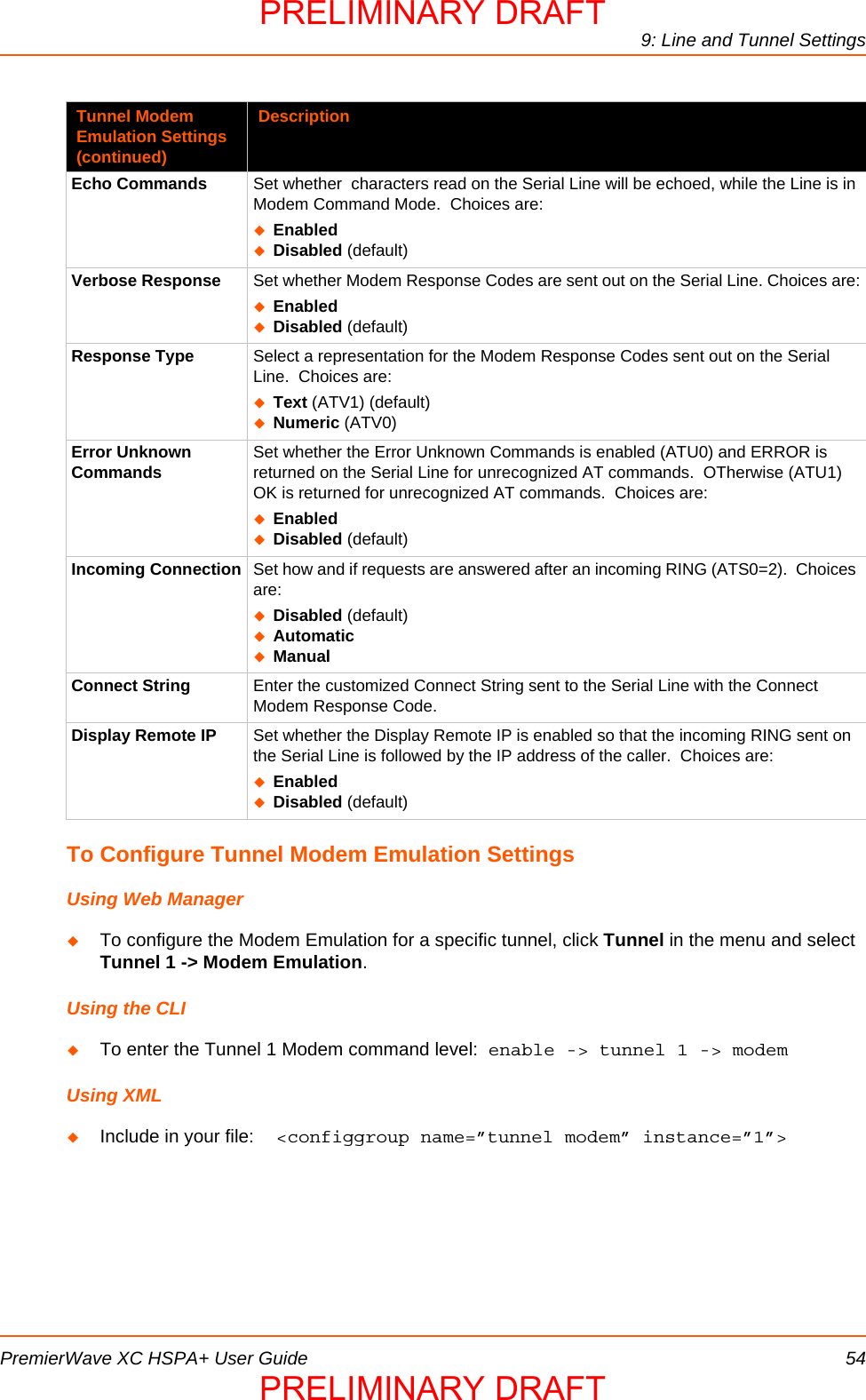 9: Line and Tunnel SettingsPremierWave XC HSPA+ User Guide 54To Configure Tunnel Modem Emulation SettingsUsing Web ManagerTo configure the Modem Emulation for a specific tunnel, click Tunnel in the menu and select Tunnel 1 -&gt; Modem Emulation.Using the CLITo enter the Tunnel 1 Modem command level:  enable -&gt; tunnel 1 -&gt; modem Using XMLInclude in your file:  &lt;configgroup name=”tunnel modem” instance=”1”&gt;Echo Commands Set whether  characters read on the Serial Line will be echoed, while the Line is in Modem Command Mode.  Choices are:EnabledDisabled (default)Verbose Response Set whether Modem Response Codes are sent out on the Serial Line. Choices are:EnabledDisabled (default)Response Type Select a representation for the Modem Response Codes sent out on the Serial Line.  Choices are:Text (ATV1) (default)Numeric (ATV0)Error Unknown Commands Set whether the Error Unknown Commands is enabled (ATU0) and ERROR is returned on the Serial Line for unrecognized AT commands.  OTherwise (ATU1) OK is returned for unrecognized AT commands.  Choices are:EnabledDisabled (default)Incoming Connection Set how and if requests are answered after an incoming RING (ATS0=2).  Choices are:Disabled (default)AutomaticManualConnect String Enter the customized Connect String sent to the Serial Line with the Connect Modem Response Code.Display Remote IP Set whether the Display Remote IP is enabled so that the incoming RING sent on the Serial Line is followed by the IP address of the caller.  Choices are:EnabledDisabled (default)Tunnel Modem Emulation Settings (continued)DescriptionPRELIMINARY DRAFTPRELIMINARY DRAFT