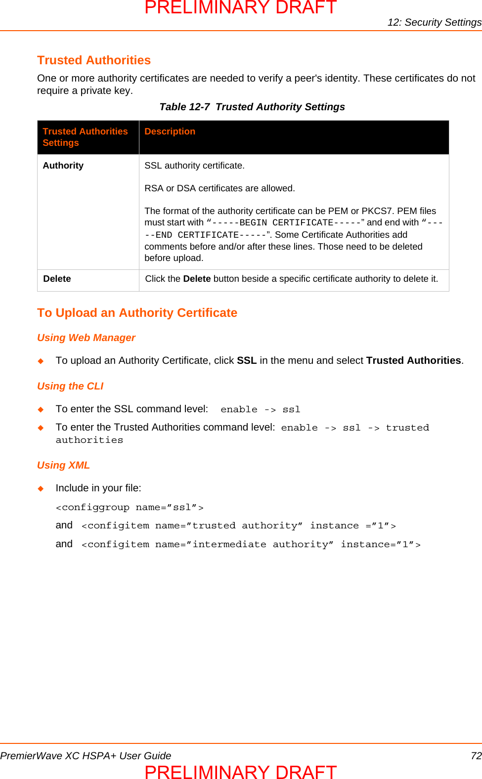 12: Security SettingsPremierWave XC HSPA+ User Guide 72Trusted AuthoritiesOne or more authority certificates are needed to verify a peer&apos;s identity. These certificates do not require a private key.  To Upload an Authority CertificateUsing Web ManagerTo upload an Authority Certificate, click SSL in the menu and select Trusted Authorities.Using the CLITo enter the SSL command level:  enable -&gt; sslTo enter the Trusted Authorities command level:  enable -&gt; ssl -&gt; trusted authorities Using XMLInclude in your file:  &lt;configgroup name=”ssl”&gt;and   &lt;configitem name=”trusted authority” instance =”1”&gt;and   &lt;configitem name=”intermediate authority” instance=”1”&gt;Table 12-7  Trusted Authority SettingsTrusted Authorities Settings DescriptionAuthority SSL authority certificate. RSA or DSA certificates are allowed.The format of the authority certificate can be PEM or PKCS7. PEM files must start with “-----BEGIN CERTIFICATE-----” and end with “-----END CERTIFICATE-----”. Some Certificate Authorities add comments before and/or after these lines. Those need to be deleted before upload.Delete Click the Delete button beside a specific certificate authority to delete it.PRELIMINARY DRAFTPRELIMINARY DRAFT