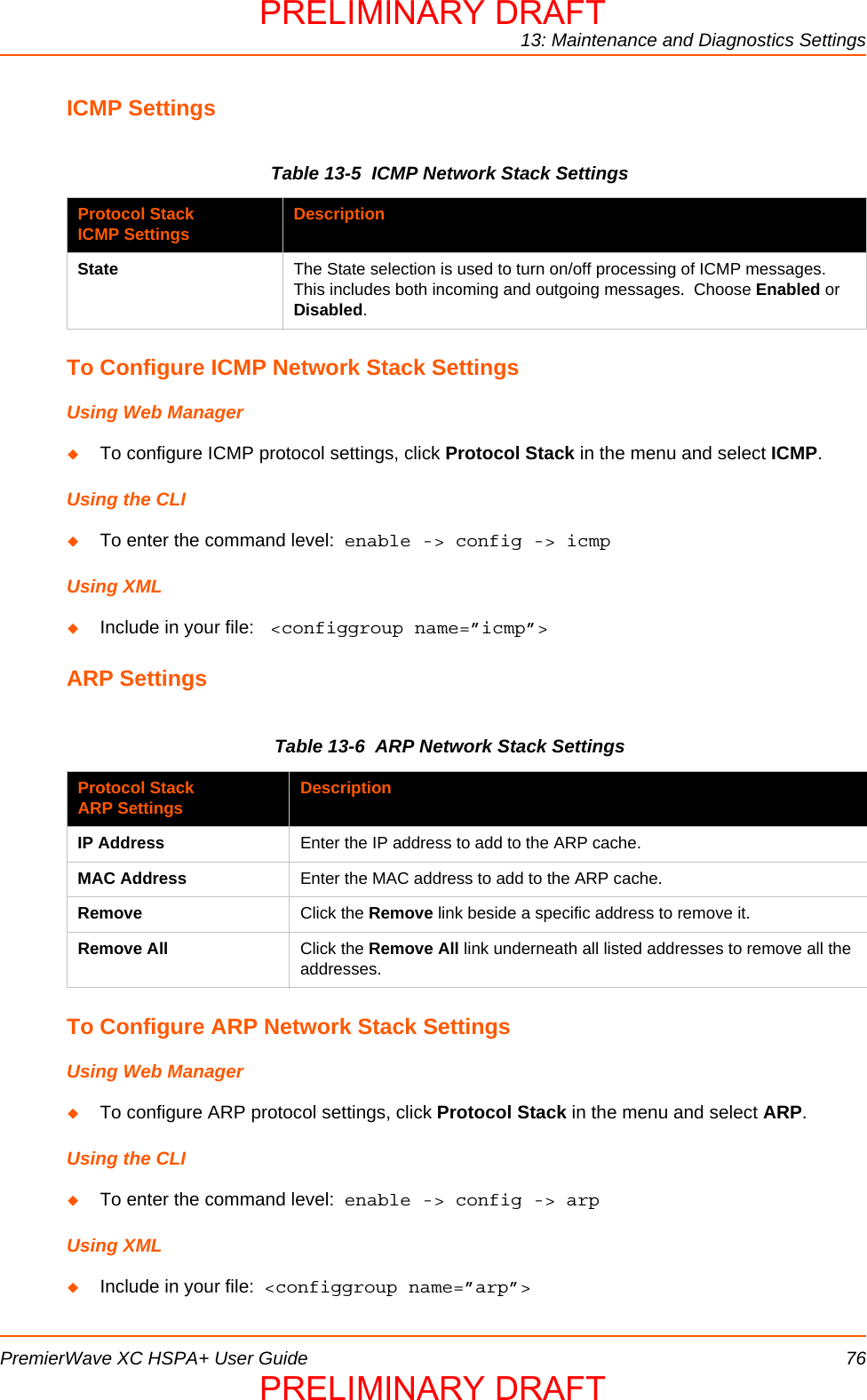 13: Maintenance and Diagnostics SettingsPremierWave XC HSPA+ User Guide 76ICMP SettingsTable 13-5  ICMP Network Stack SettingsTo Configure ICMP Network Stack SettingsUsing Web ManagerTo configure ICMP protocol settings, click Protocol Stack in the menu and select ICMP.Using the CLITo enter the command level:  enable -&gt; config -&gt; icmpUsing XMLInclude in your file:  &lt;configgroup name=”icmp”&gt;ARP SettingsTable 13-6  ARP Network Stack SettingsTo Configure ARP Network Stack SettingsUsing Web ManagerTo configure ARP protocol settings, click Protocol Stack in the menu and select ARP.Using the CLITo enter the command level:  enable -&gt; config -&gt; arpUsing XMLInclude in your file:  &lt;configgroup name=”arp”&gt;Protocol StackICMP Settings DescriptionState The State selection is used to turn on/off processing of ICMP messages. This includes both incoming and outgoing messages.  Choose Enabled or Disabled.Protocol StackARP Settings DescriptionIP Address Enter the IP address to add to the ARP cache.MAC Address Enter the MAC address to add to the ARP cache.Remove Click the Remove link beside a specific address to remove it.Remove All Click the Remove All link underneath all listed addresses to remove all the addresses.PRELIMINARY DRAFTPRELIMINARY DRAFT