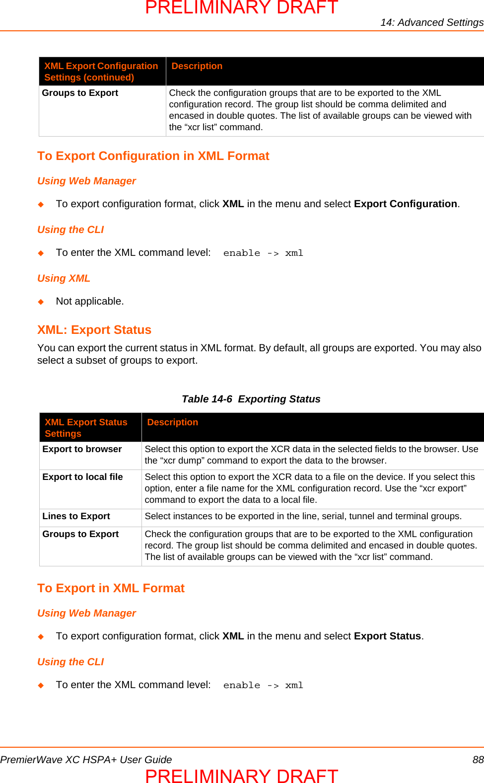 14: Advanced SettingsPremierWave XC HSPA+ User Guide 88To Export Configuration in XML FormatUsing Web ManagerTo export configuration format, click XML in the menu and select Export Configuration.Using the CLITo enter the XML command level:  enable -&gt; xmlUsing XMLNot applicable.XML: Export StatusYou can export the current status in XML format. By default, all groups are exported. You may also select a subset of groups to export.Table 14-6  Exporting StatusTo Export in XML FormatUsing Web ManagerTo export configuration format, click XML in the menu and select Export Status.Using the CLITo enter the XML command level:  enable -&gt; xmlGroups to Export Check the configuration groups that are to be exported to the XML configuration record. The group list should be comma delimited and encased in double quotes. The list of available groups can be viewed with the “xcr list” command.XML Export Status Settings DescriptionExport to browser Select this option to export the XCR data in the selected fields to the browser. Use the “xcr dump” command to export the data to the browser.Export to local file  Select this option to export the XCR data to a file on the device. If you select this option, enter a file name for the XML configuration record. Use the “xcr export” command to export the data to a local file.Lines to Export Select instances to be exported in the line, serial, tunnel and terminal groups. Groups to Export Check the configuration groups that are to be exported to the XML configuration record. The group list should be comma delimited and encased in double quotes. The list of available groups can be viewed with the “xcr list” command.XML Export Configuration Settings (continued) DescriptionPRELIMINARY DRAFTPRELIMINARY DRAFT