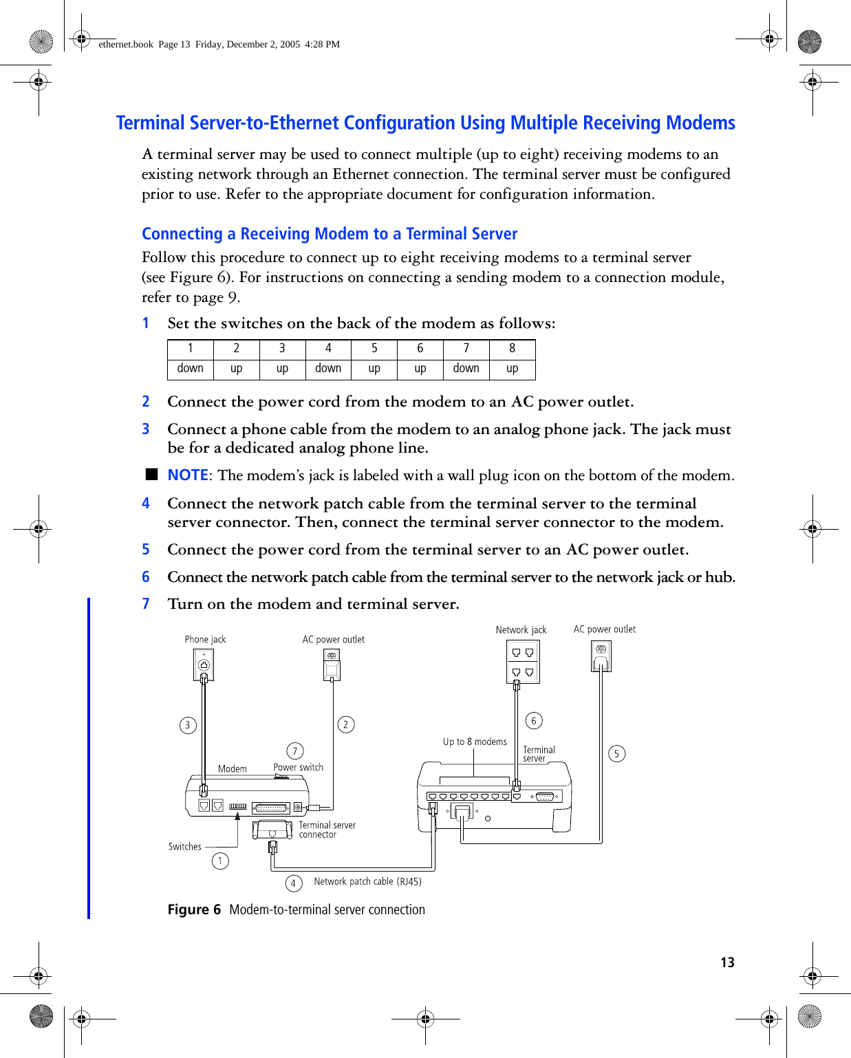 13Terminal Server-to-Ethernet Configuration Using Multiple Receiving ModemsA terminal server may be used to connect multiple (up to eight) receiving modems to an existing network through an Ethernet connection. The terminal server must be configured prior to use. Refer to the appropriate document for configuration information.Connecting a Receiving Modem to a Terminal ServerFollow this procedure to connect up to eight receiving modems to a terminal server(see Figure 6). For instructions on connecting a sending modem to a connection module, refer to page 9.1Set the switches on the back of the modem as follows:2Connect the power cord from the modem to an AC power outlet.3Connect a phone cable from the modem to an analog phone jack. The jack must be for a dedicated analog phone line.■NOTE: The modem’s jack is labeled with a wall plug icon on the bottom of the modem.4Connect the network patch cable from the terminal server to the terminal server connector. Then, connect the terminal server connector to the modem.5Connect the power cord from the terminal server to an AC power outlet.6Connect the network patch cable from the terminal server to the network jack or hub.7Turn on the modem and terminal server. Figure 6  Modem-to-terminal server connection12345678down up up down up up down upethernet.book  Page 13  Friday, December 2, 2005  4:28 PM