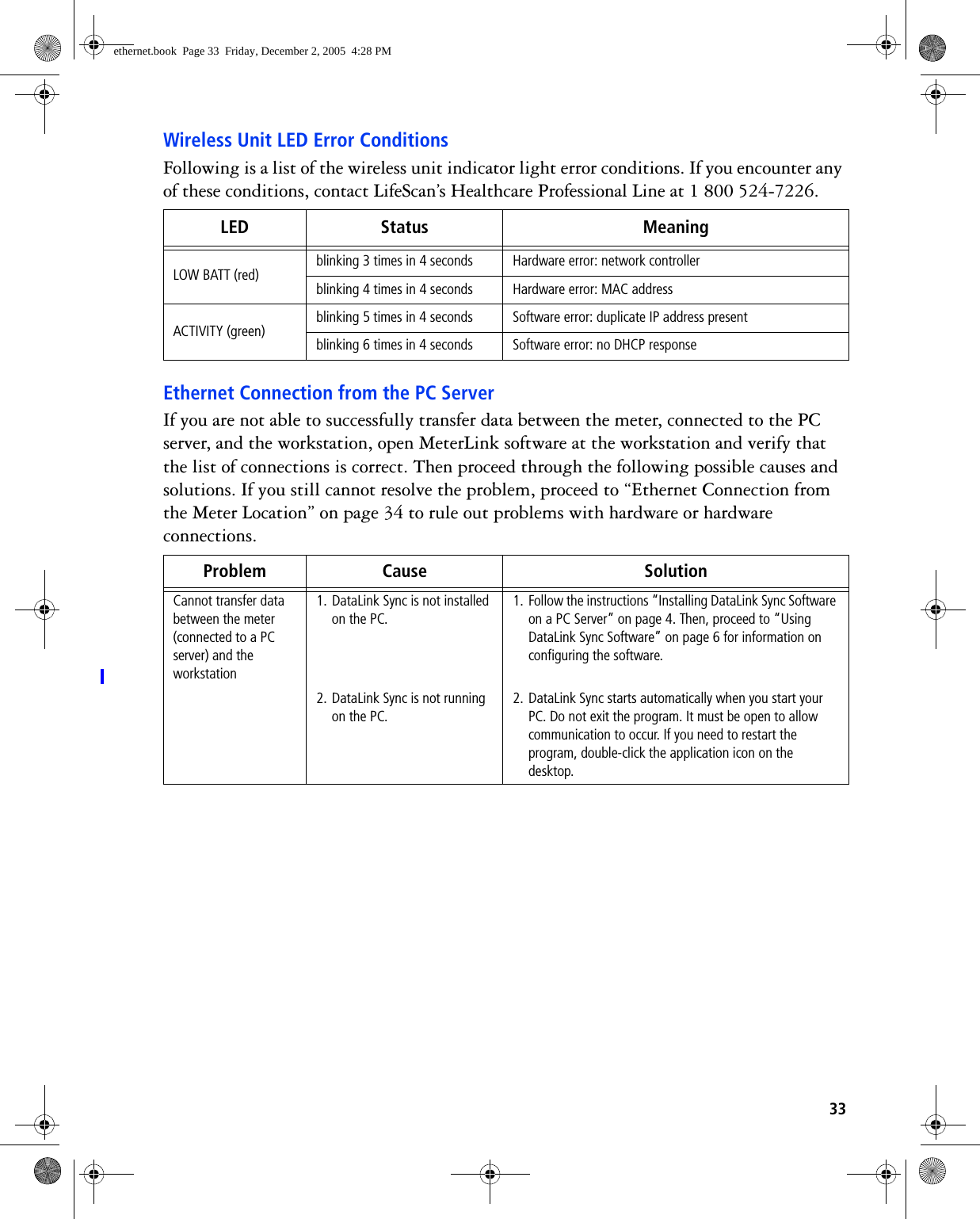 33Wireless Unit LED Error ConditionsFollowing is a list of the wireless unit indicator light error conditions. If you encounter any of these conditions, contact LifeScan’s Healthcare Professional Line at 1 800 524-7226. Ethernet Connection from the PC ServerIf you are not able to successfully transfer data between the meter, connected to the PC server, and the workstation, open MeterLink software at the workstation and verify that the list of connections is correct. Then proceed through the following possible causes and solutions. If you still cannot resolve the problem, proceed to “Ethernet Connection from the Meter Location” on page 34 to rule out problems with hardware or hardware connections. LED Status MeaningLOW BATT (red) blinking 3 times in 4 seconds Hardware error: network controllerblinking 4 times in 4 seconds Hardware error: MAC addressACTIVITY (green) blinking 5 times in 4 seconds Software error: duplicate IP address presentblinking 6 times in 4 seconds Software error: no DHCP responseProblem Cause SolutionCannot transfer data between the meter (connected to a PC server) and the workstation1. DataLink Sync is not installed on the PC.1. Follow the instructions “Installing DataLink Sync Software on a PC Server” on page 4. Then, proceed to “Using DataLink Sync Software” on page 6 for information on configuring the software.2. DataLink Sync is not running on the PC.2. DataLink Sync starts automatically when you start your PC. Do not exit the program. It must be open to allow communication to occur. If you need to restart the program, double-click the application icon on the desktop.ethernet.book  Page 33  Friday, December 2, 2005  4:28 PM