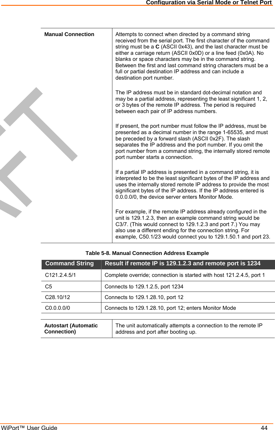 Configuration via Serial Mode or Telnet Port WiPort™ User Guide    44  Manual Connection  Attempts to connect when directed by a command string received from the serial port. The first character of the command string must be a C (ASCII 0x43), and the last character must be either a carriage return (ASCII 0x0D) or a line feed (0x0A). No blanks or space characters may be in the command string. Between the first and last command string characters must be a full or partial destination IP address and can include a destination port number.   The IP address must be in standard dot-decimal notation and may be a partial address, representing the least significant 1, 2, or 3 bytes of the remote IP address. The period is required between each pair of IP address numbers.  If present, the port number must follow the IP address, must be presented as a decimal number in the range 1-65535, and must be preceded by a forward slash (ASCII 0x2F). The slash separates the IP address and the port number. If you omit the port number from a command string, the internally stored remote port number starts a connection.   If a partial IP address is presented in a command string, it is interpreted to be the least significant bytes of the IP address and uses the internally stored remote IP address to provide the most significant bytes of the IP address. If the IP address entered is 0.0.0.0/0, the device server enters Monitor Mode.  For example, if the remote IP address already configured in the unit is 129.1.2.3, then an example command string would be C3/7. (This would connect to 129.1.2.3 and port 7.) You may also use a different ending for the connection string. For example, C50.1/23 would connect you to 129.1.50.1 and port 23. Table 5-8. Manual Connection Address Example Command String   Result if remote IP is 129.1.2.3 and remote port is 1234  C121.2.4.5/1   Complete override; connection is started with host 121.2.4.5, port 1  C5   Connects to 129.1.2.5, port 1234  C28.10/12   Connects to 129.1.28.10, port 12  C0.0.0.0/0  Connects to 129.1.28.10, port 12; enters Monitor Mode  Autostart (Automatic Connection)  The unit automatically attempts a connection to the remote IP address and port after booting up.  