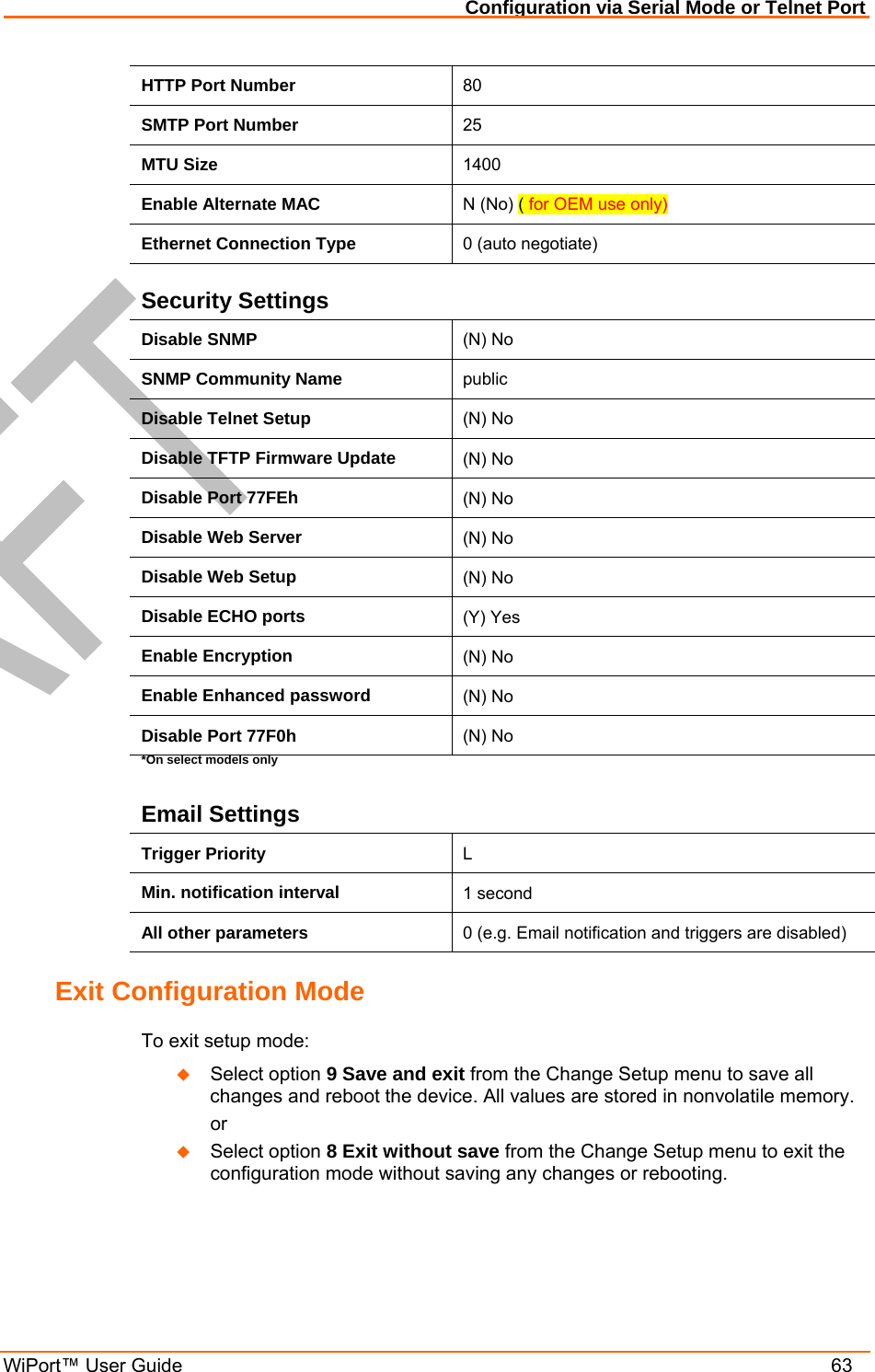 Configuration via Serial Mode or Telnet Port WiPort™ User Guide    63 HTTP Port Number  80 SMTP Port Number  25 MTU Size  1400 Enable Alternate MAC  N (No) ( for OEM use only) Ethernet Connection Type  0 (auto negotiate) Security Settings Disable SNMP  (N) No SNMP Community Name  public Disable Telnet Setup  (N) No Disable TFTP Firmware Update  (N) No Disable Port 77FEh  (N) No Disable Web Server  (N) No Disable Web Setup  (N) No Disable ECHO ports  (Y) Yes Enable Encryption  (N) No Enable Enhanced password  (N) No Disable Port 77F0h  (N) No *On select models only Email Settings Trigger Priority  L Min. notification interval  1 second All other parameters  0 (e.g. Email notification and triggers are disabled) Exit Configuration Mode  To exit setup mode:   Select option 9 Save and exit from the Change Setup menu to save all changes and reboot the device. All values are stored in nonvolatile memory.   or   Select option 8 Exit without save from the Change Setup menu to exit the configuration mode without saving any changes or rebooting.  