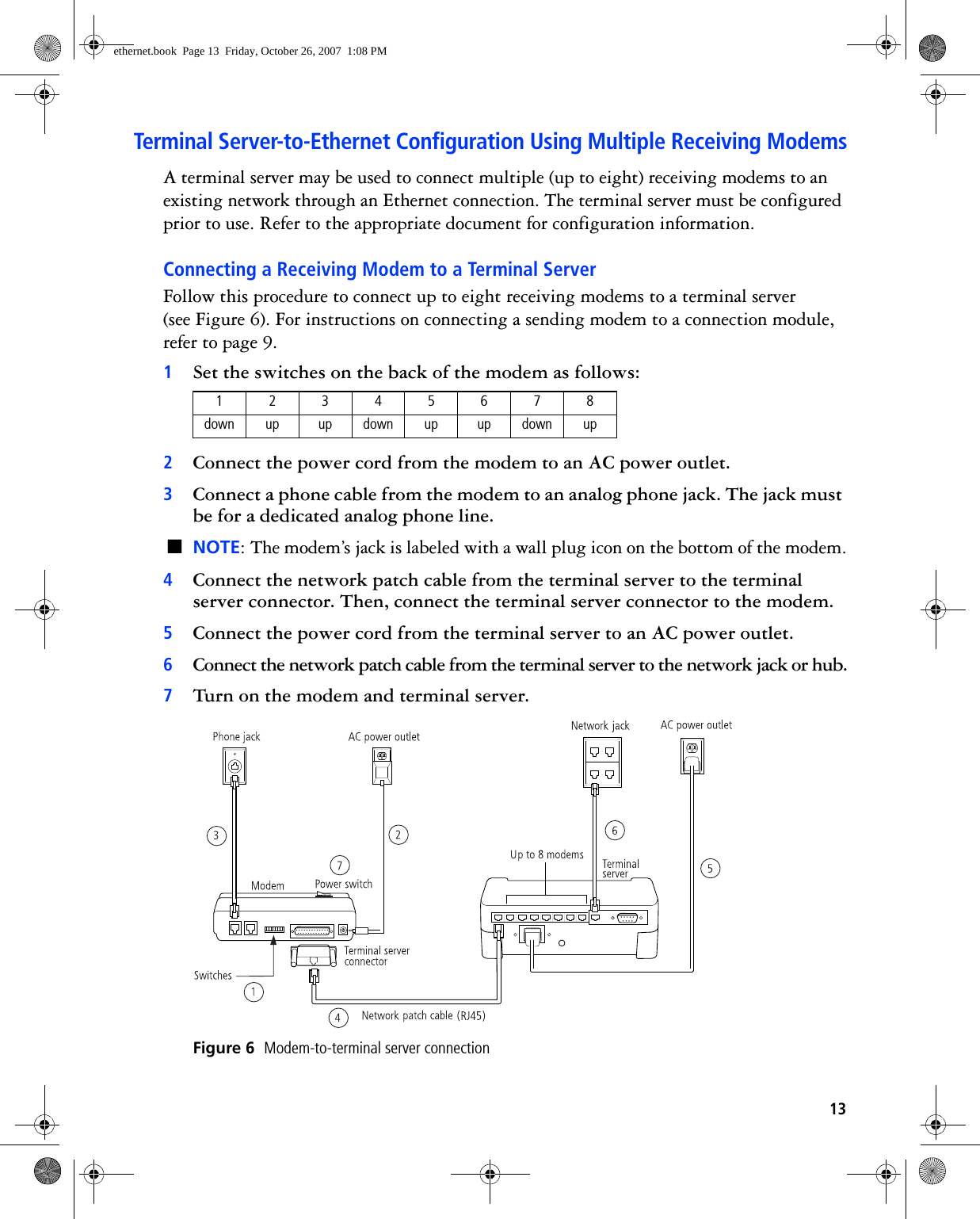 13Terminal Server-to-Ethernet Configuration Using Multiple Receiving ModemsA terminal server may be used to connect multiple (up to eight) receiving modems to an existing network through an Ethernet connection. The terminal server must be configured prior to use. Refer to the appropriate document for configuration information.Connecting a Receiving Modem to a Terminal ServerFollow this procedure to connect up to eight receiving modems to a terminal server(see Figure 6). For instructions on connecting a sending modem to a connection module, refer to page 9.1Set the switches on the back of the modem as follows:2Connect the power cord from the modem to an AC power outlet.3Connect a phone cable from the modem to an analog phone jack. The jack must be for a dedicated analog phone line.■NOTE: The modem’s jack is labeled with a wall plug icon on the bottom of the modem.4Connect the network patch cable from the terminal server to the terminal server connector. Then, connect the terminal server connector to the modem.5Connect the power cord from the terminal server to an AC power outlet.6Connect the network patch cable from the terminal server to the network jack or hub.7Turn on the modem and terminal server. Figure 6  Modem-to-terminal server connection12345678down up up down up up down upethernet.book  Page 13  Friday, October 26, 2007  1:08 PM