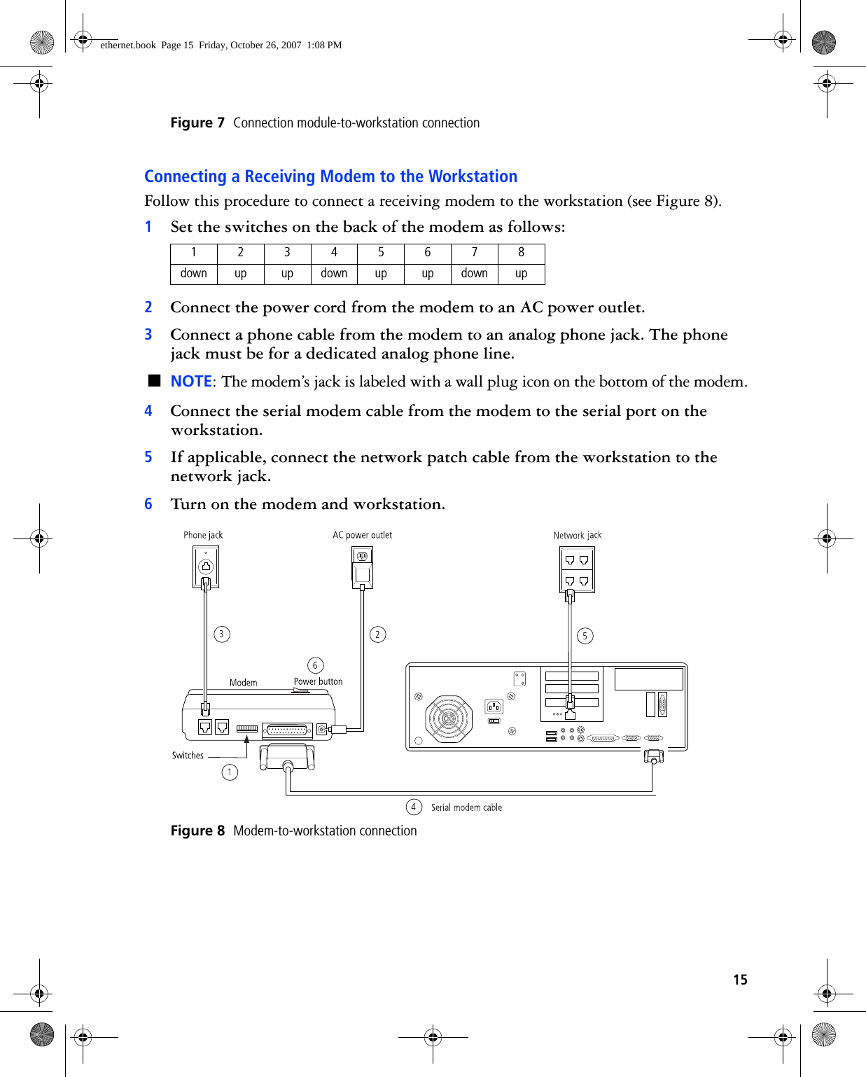 15Figure 7  Connection module-to-workstation connectionConnecting a Receiving Modem to the WorkstationFollow this procedure to connect a receiving modem to the workstation (see Figure 8).1Set the switches on the back of the modem as follows:2Connect the power cord from the modem to an AC power outlet.3Connect a phone cable from the modem to an analog phone jack. The phone jack must be for a dedicated analog phone line.■NOTE: The modem’s jack is labeled with a wall plug icon on the bottom of the modem.4Connect the serial modem cable from the modem to the serial port on the workstation.5If applicable, connect the network patch cable from the workstation to the network jack.6Turn on the modem and workstation. Figure 8  Modem-to-workstation connection12345678down up up down up up down upethernet.book  Page 15  Friday, October 26, 2007  1:08 PM