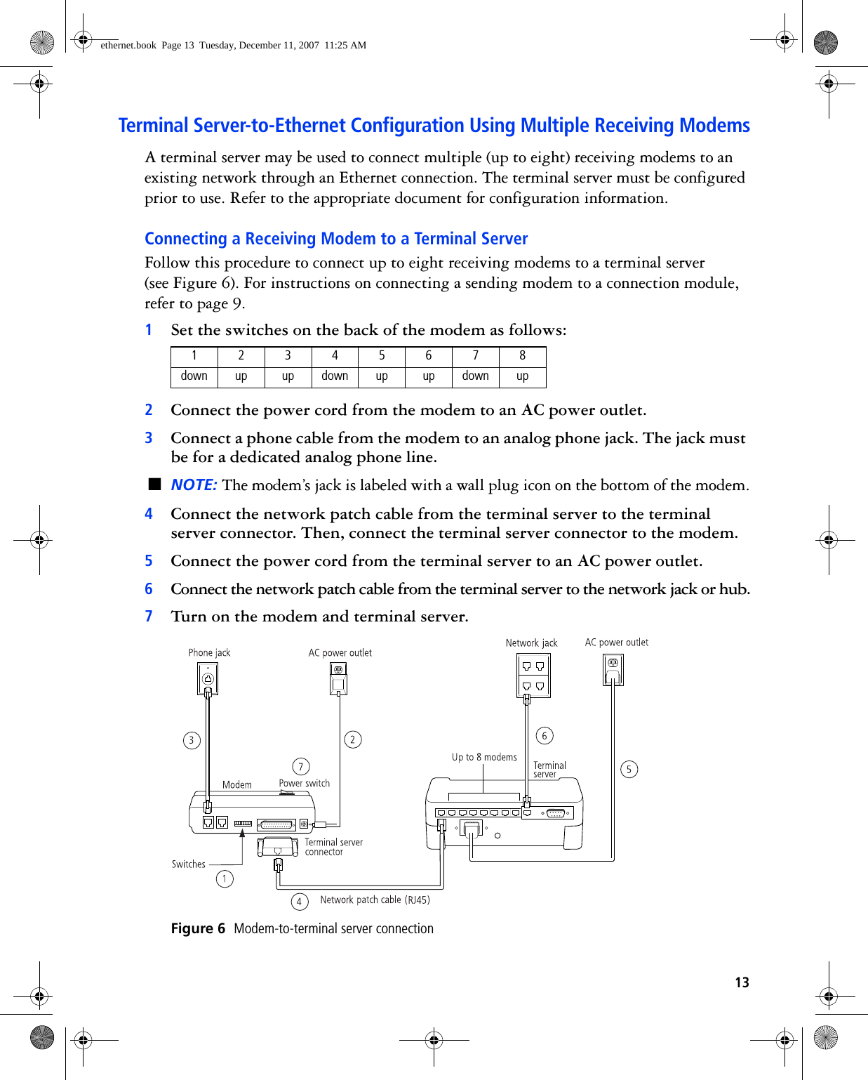 13Terminal Server-to-Ethernet Configuration Using Multiple Receiving ModemsA terminal server may be used to connect multiple (up to eight) receiving modems to an existing network through an Ethernet connection. The terminal server must be configured prior to use. Refer to the appropriate document for configuration information.Connecting a Receiving Modem to a Terminal ServerFollow this procedure to connect up to eight receiving modems to a terminal server(see Figure 6). For instructions on connecting a sending modem to a connection module, refer to page 9.1Set the switches on the back of the modem as follows:2Connect the power cord from the modem to an AC power outlet.3Connect a phone cable from the modem to an analog phone jack. The jack must be for a dedicated analog phone line.■NOTE: The modem’s jack is labeled with a wall plug icon on the bottom of the modem.4Connect the network patch cable from the terminal server to the terminal server connector. Then, connect the terminal server connector to the modem.5Connect the power cord from the terminal server to an AC power outlet.6Connect the network patch cable from the terminal server to the network jack or hub.7Turn on the modem and terminal server. Figure 6  Modem-to-terminal server connection12345678down up up down up up down upethernet.book  Page 13  Tuesday, December 11, 2007  11:25 AM