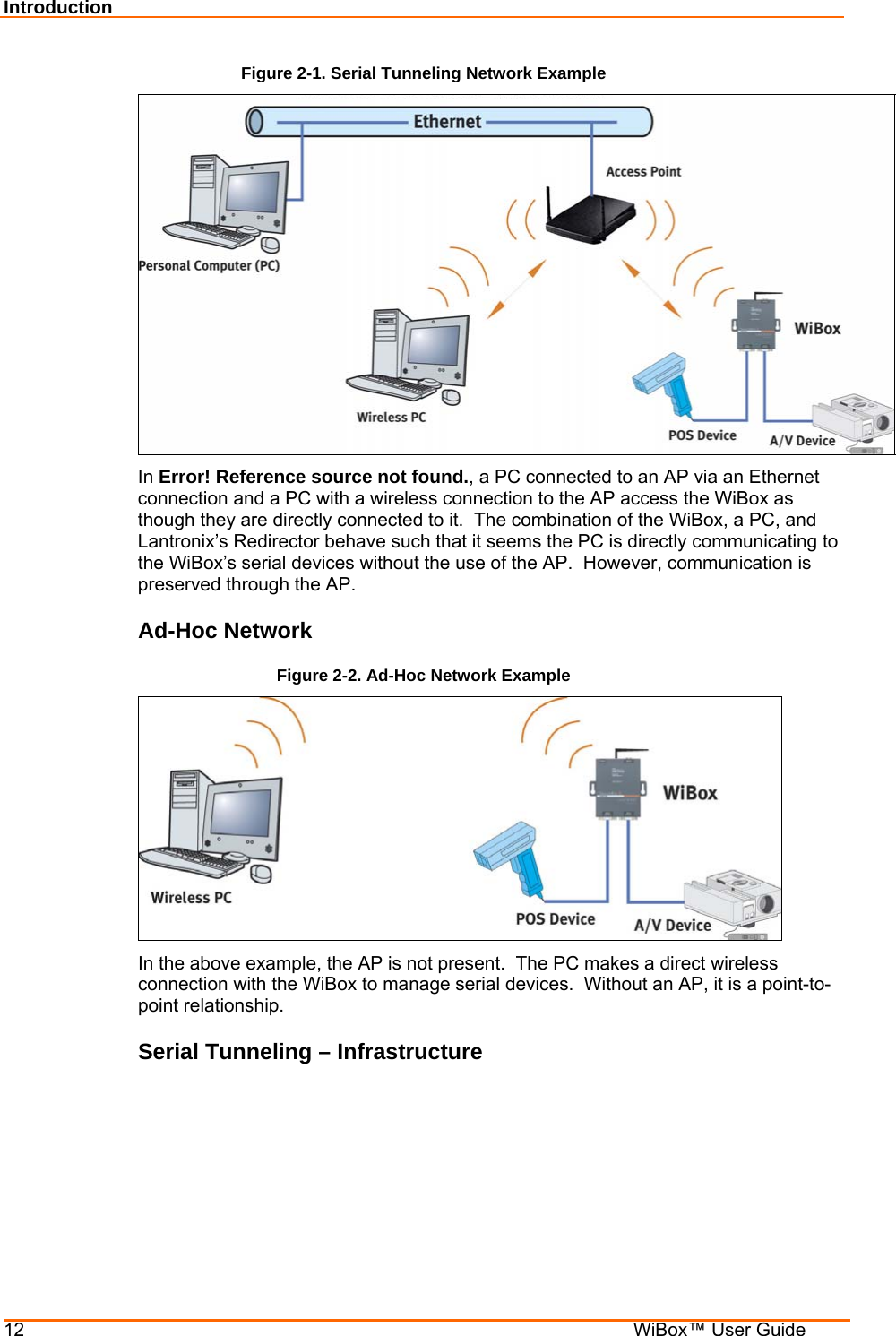 Introduction 12    WiBox™ User Guide Figure 2-1. Serial Tunneling Network Example  In Error! Reference source not found., a PC connected to an AP via an Ethernet connection and a PC with a wireless connection to the AP access the WiBox as though they are directly connected to it.  The combination of the WiBox, a PC, and Lantronix’s Redirector behave such that it seems the PC is directly communicating to the WiBox’s serial devices without the use of the AP.  However, communication is preserved through the AP. Ad-Hoc Network Figure 2-2. Ad-Hoc Network Example  In the above example, the AP is not present.  The PC makes a direct wireless connection with the WiBox to manage serial devices.  Without an AP, it is a point-to-point relationship. Serial Tunneling – Infrastructure 