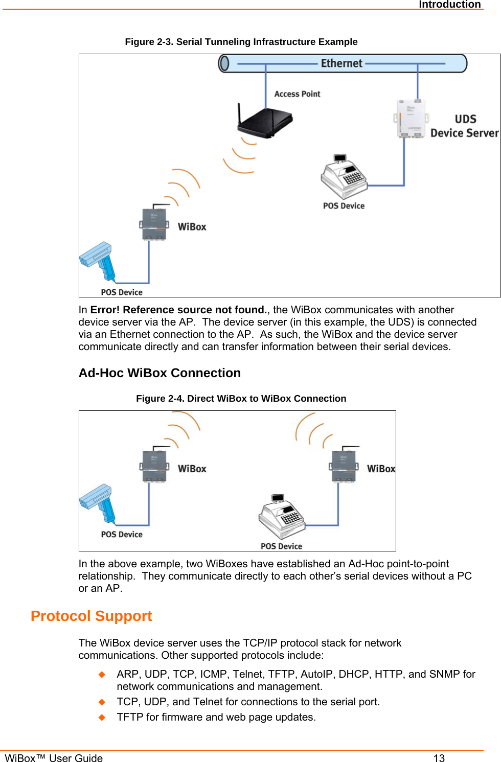 Introduction  WiBox™ User Guide  13 Figure 2-3. Serial Tunneling Infrastructure Example  In Error! Reference source not found., the WiBox communicates with another device server via the AP.  The device server (in this example, the UDS) is connected via an Ethernet connection to the AP.  As such, the WiBox and the device server communicate directly and can transfer information between their serial devices. Ad-Hoc WiBox Connection Figure 2-4. Direct WiBox to WiBox Connection  In the above example, two WiBoxes have established an Ad-Hoc point-to-point relationship.  They communicate directly to each other’s serial devices without a PC or an AP. Protocol Support The WiBox device server uses the TCP/IP protocol stack for network communications. Other supported protocols include:   ARP, UDP, TCP, ICMP, Telnet, TFTP, AutoIP, DHCP, HTTP, and SNMP for network communications and management.  TCP, UDP, and Telnet for connections to the serial port.   TFTP for firmware and web page updates.  