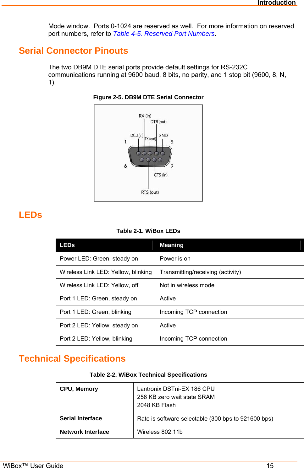 Introduction  WiBox™ User Guide  15 Mode window.  Ports 0-1024 are reserved as well.  For more information on reserved port numbers, refer to Table 4-5. Reserved Port Numbers. Serial Connector Pinouts The two DB9M DTE serial ports provide default settings for RS-232C communications running at 9600 baud, 8 bits, no parity, and 1 stop bit (9600, 8, N, 1). Figure 2-5. DB9M DTE Serial Connector  LEDs Table 2-1. WiBox LEDs LEDs  Meaning Power LED: Green, steady on  Power is on Wireless Link LED: Yellow, blinking  Transmitting/receiving (activity) Wireless Link LED: Yellow, off  Not in wireless mode Port 1 LED: Green, steady on  Active Port 1 LED: Green, blinking  Incoming TCP connection Port 2 LED: Yellow, steady on  Active Port 2 LED: Yellow, blinking  Incoming TCP connection Technical Specifications Table 2-2. WiBox Technical Specifications CPU, Memory  Lantronix DSTni-EX 186 CPU 256 KB zero wait state SRAM 2048 KB Flash Serial Interface  Rate is software selectable (300 bps to 921600 bps) Network Interface  Wireless 802.11b 