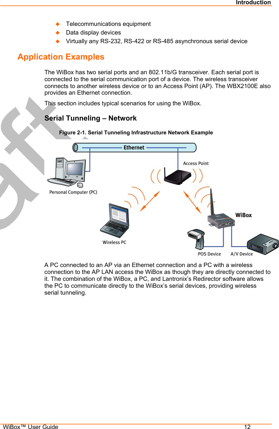 Introduction  WiBox™ User Guide  12   Telecommunications equipment   Data display devices   Virtually any RS-232, RS-422 or RS-485 asynchronous serial device Application Examples The WiBox has two serial ports and an 802.11b/G transceiver. Each serial port is connected to the serial communication port of a device. The wireless transceiver connects to another wireless device or to an Access Point (AP). The WBX2100E also provides an Ethernet connection. This section includes typical scenarios for using the WiBox.  Serial Tunneling – Network Figure 2-1. Serial Tunneling Infrastructure Network Example  A PC connected to an AP via an Ethernet connection and a PC with a wireless connection to the AP LAN access the WiBox as though they are directly connected to it. The combination of the WiBox, a PC, and Lantronix’s Redirector software allows the PC to communicate directly to the WiBox’s serial devices, providing wireless serial tunneling. 