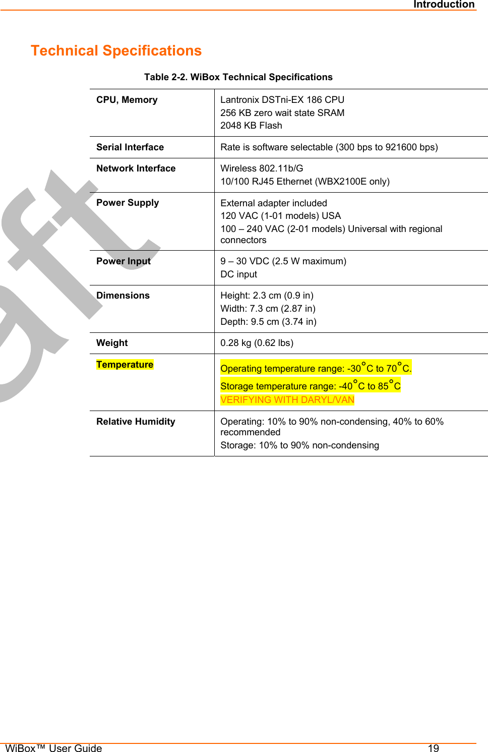 Introduction  WiBox™ User Guide  19 Technical Specifications Table 2-2. WiBox Technical Specifications CPU, Memory  Lantronix DSTni-EX 186 CPU 256 KB zero wait state SRAM 2048 KB Flash Serial Interface  Rate is software selectable (300 bps to 921600 bps) Network Interface  Wireless 802.11b/G 10/100 RJ45 Ethernet (WBX2100E only) Power Supply  External adapter included 120 VAC (1-01 models) USA 100 – 240 VAC (2-01 models) Universal with regional connectors Power Input  9 – 30 VDC (2.5 W maximum) DC input Dimensions  Height: 2.3 cm (0.9 in) Width: 7.3 cm (2.87 in) Depth: 9.5 cm (3.74 in) Weight  0.28 kg (0.62 lbs) Temperature  Operating temperature range: -30°C to 70°C.  Storage temperature range: -40°C to 85°C VERIFYING WITH DARYL/VAN Relative Humidity  Operating: 10% to 90% non-condensing, 40% to 60% recommended Storage: 10% to 90% non-condensing 