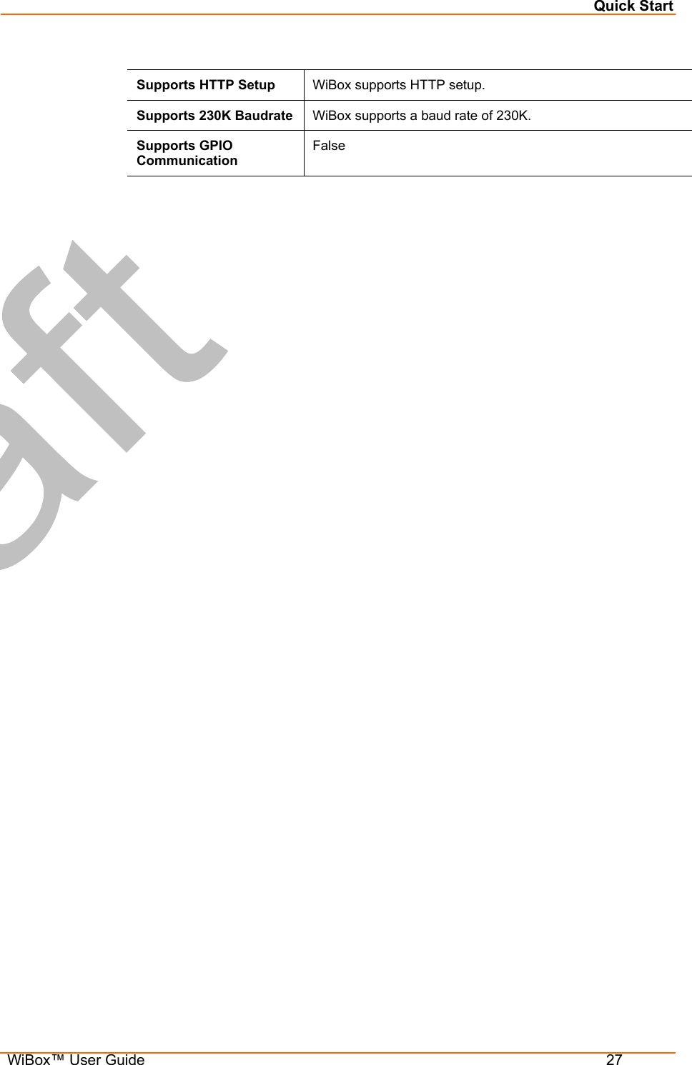 Quick Start  WiBox™ User Guide  27  Supports HTTP Setup  WiBox supports HTTP setup. Supports 230K Baudrate  WiBox supports a baud rate of 230K. Supports GPIO Communication False  
