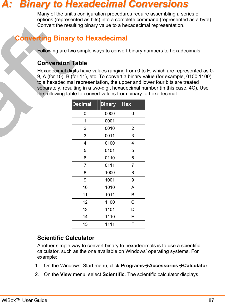  WiBox™ User Guide  87 AA::  BBiinnaarryy  ttoo  HHeexxaaddeecciimmaall  CCoonnvveerrssiioonnss  Many of the unit’s configuration procedures require assembling a series of options (represented as bits) into a complete command (represented as a byte). Convert the resulting binary value to a hexadecimal representation. Converting Binary to Hexadecimal Following are two simple ways to convert binary numbers to hexadecimals. Conversion Table Hexadecimal digits have values ranging from 0 to F, which are represented as 0-9, A (for 10), B (for 11), etc. To convert a binary value (for example, 0100 1100) to a hexadecimal representation, the upper and lower four bits are treated separately, resulting in a two-digit hexadecimal number (in this case, 4C). Use the following table to convert values from binary to hexadecimal. Decimal  Binary  Hex 0 0000 0 1 0001 1 2 0010 2 3 0011 3 4 0100 4 5 0101 5 6 0110 6 7 0111 7 8 1000 8 9 1001 9 10 1010 A 11 1011 B 12 1100 C 13 1101 D 14 1110 E 15 1111 F Scientific Calculator Another simple way to convert binary to hexadecimals is to use a scientific calculator, such as the one available on Windows’ operating systems. For example: 1.  On the Windows’ Start menu, click ProgramsAccessoriesCalculator. 2. On the View menu, select Scientific. The scientific calculator displays. 