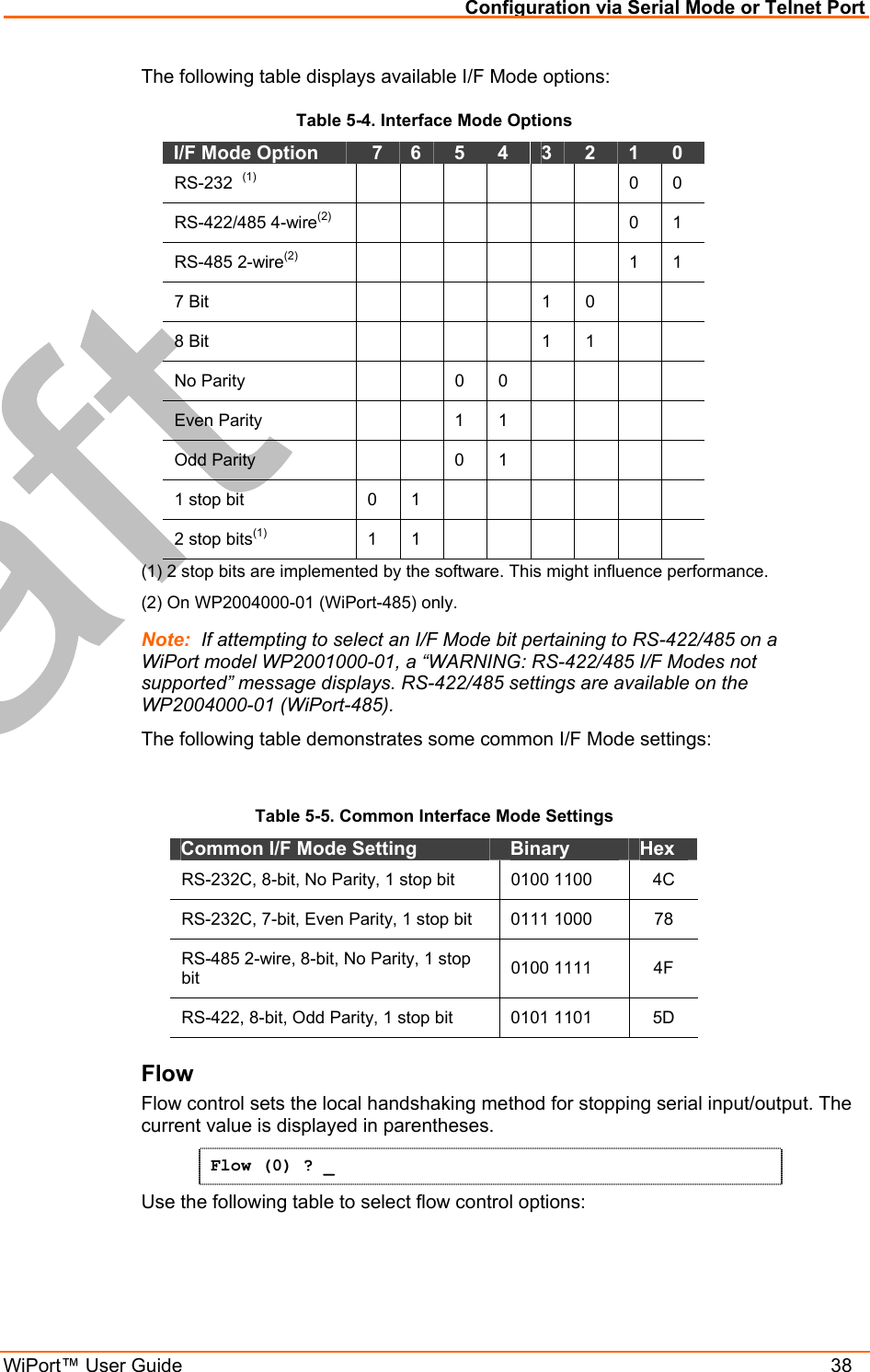 Configuration via Serial Mode or Telnet Port WiPort™ User Guide    38 The following table displays available I/F Mode options: Table 5-4. Interface Mode Options I/F Mode Option    7   6   5   4   3   2   1   0  RS-232  (1)        0  0  RS-422/485 4-wire(2)       0 1 RS-485 2-wire(2)        1 1 7 Bit           1   0      8 Bit           1   1      No Parity     0 0      Even Parity     1 1      Odd Parity     0 1      1 stop bit   0   1              2 stop bits(1)  1  1        (1) 2 stop bits are implemented by the software. This might influence performance. (2) On WP2004000-01 (WiPort-485) only. Note:  If attempting to select an I/F Mode bit pertaining to RS-422/485 on a WiPort model WP2001000-01, a “WARNING: RS-422/485 I/F Modes not supported” message displays. RS-422/485 settings are available on the WP2004000-01 (WiPort-485). The following table demonstrates some common I/F Mode settings:   Table 5-5. Common Interface Mode Settings Common I/F Mode Setting   Binary   Hex  RS-232C, 8-bit, No Parity, 1 stop bit  0100 1100   4C RS-232C, 7-bit, Even Parity, 1 stop bit  0111 1000   78 RS-485 2-wire, 8-bit, No Parity, 1 stop bit  0100 1111  4F RS-422, 8-bit, Odd Parity, 1 stop bit  0101 1101  5D Flow  Flow control sets the local handshaking method for stopping serial input/output. The current value is displayed in parentheses. Flow (0) ? _ Use the following table to select flow control options: 