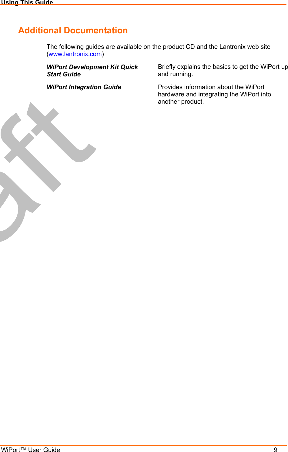 Using This Guide WiPort™ User Guide    9 Additional Documentation The following guides are available on the product CD and the Lantronix web site (www.lantronix.com) WiPort Development Kit Quick Start Guide Briefly explains the basics to get the WiPort up and running. WiPort Integration Guide  Provides information about the WiPort hardware and integrating the WiPort into another product.  