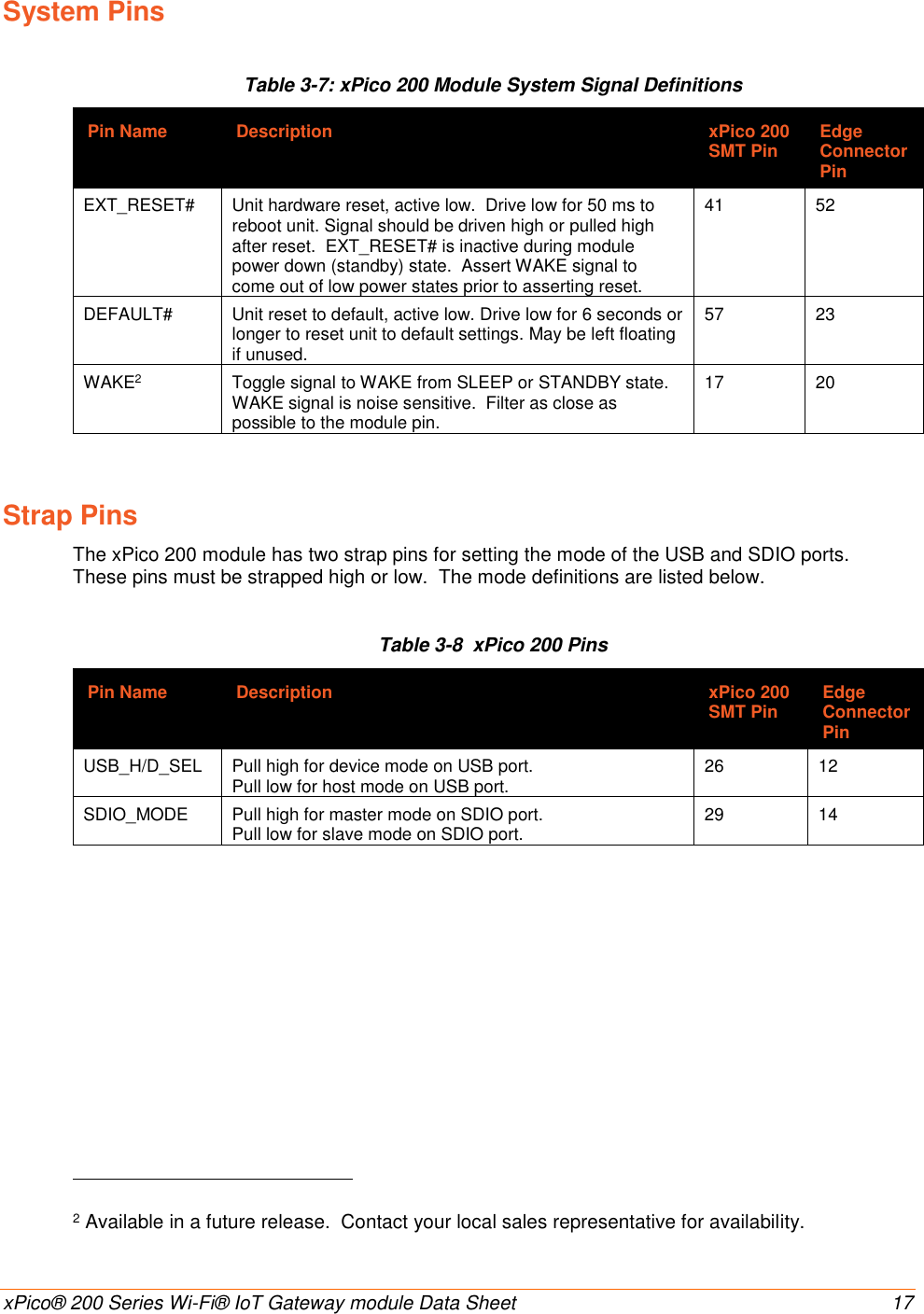    xPico® 200 Series Wi-Fi® IoT Gateway module Data Sheet  17 System Pins Table 3-7: xPico 200 Module System Signal Definitions Pin Name Description xPico 200 SMT Pin Edge Connector Pin EXT_RESET# Unit hardware reset, active low.  Drive low for 50 ms to reboot unit. Signal should be driven high or pulled high after reset.  EXT_RESET# is inactive during module power down (standby) state.  Assert WAKE signal to come out of low power states prior to asserting reset. 41 52 DEFAULT# Unit reset to default, active low. Drive low for 6 seconds or longer to reset unit to default settings. May be left floating if unused. 57 23 WAKE2 Toggle signal to WAKE from SLEEP or STANDBY state.   WAKE signal is noise sensitive.  Filter as close as possible to the module pin. 17 20 Strap Pins The xPico 200 module has two strap pins for setting the mode of the USB and SDIO ports.  These pins must be strapped high or low.  The mode definitions are listed below.   Table 3-8  xPico 200 Pins Pin Name Description xPico 200 SMT Pin Edge Connector Pin USB_H/D_SEL Pull high for device mode on USB port.   Pull low for host mode on USB port. 26 12 SDIO_MODE Pull high for master mode on SDIO port.   Pull low for slave mode on SDIO port. 29 14                                                        2 Available in a future release.  Contact your local sales representative for availability. 