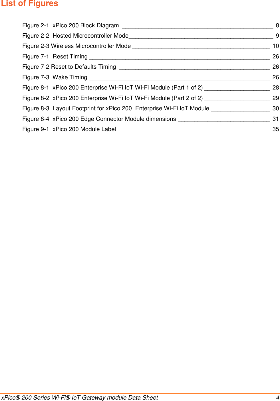    xPico® 200 Series Wi-Fi® IoT Gateway module Data Sheet  4 List of Figures  Figure 2-1  xPico 200 Block Diagram  ______________________________________________  8 Figure 2-2  Hosted Microcontroller Mode ____________________________________________  9 Figure 2-3 Wireless Microcontroller Mode __________________________________________ 10 Figure 7-1  Reset Timing _______________________________________________________ 26 Figure 7-2 Reset to Defaults Timing  ______________________________________________ 26 Figure 7-3  Wake Timing _______________________________________________________ 26 Figure 8-1  xPico 200 Enterprise Wi-Fi IoT Wi-Fi Module (Part 1 of 2) ____________________ 28 Figure 8-2  xPico 200 Enterprise Wi-Fi IoT Wi-Fi Module (Part 2 of 2) ____________________ 29 Figure 8-3  Layout Footprint for xPico 200  Enterprise Wi-Fi IoT Module __________________ 30 Figure 8-4  xPico 200 Edge Connector Module dimensions ____________________________ 31 Figure 9-1  xPico 200 Module Label  ______________________________________________ 35     
