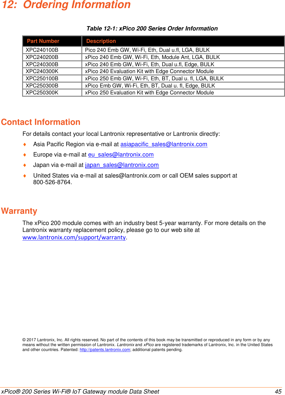   xPico® 200 Series Wi-Fi® IoT Gateway module Data Sheet  45 12:  Ordering Information Table 12-1: xPico 200 Series Order Information Part Number Description XPC240100B Pico 240 Emb GW, Wi-Fi, Eth, Dual u.fl, LGA, BULK XPC240200B xPico 240 Emb GW, Wi-Fi, Eth, Module Ant, LGA, BULK XPC240300B xPico 240 Emb GW, Wi-Fi, Eth, Dual u.fl, Edge, BULK XPC240300K xPico 240 Evaluation Kit with Edge Connector Module XPC250100B xPico 250 Emb GW, Wi-Fi, Eth, BT, Dual u. fl, LGA, BULK XPC250300B xPico Emb GW, Wi-Fi, Eth, BT, Dual u. fl, Edge, BULK XPC250300K xPico 250 Evaluation Kit with Edge Connector Module Contact Information For details contact your local Lantronix representative or Lantronix directly:   Asia Pacific Region via e-mail at asiapacific_sales@lantronix.com   Europe via e-mail at eu_sales@lantronix.com    Japan via e-mail at japan_sales@lantronix.com    United States via e-mail at sales@lantronix.com or call OEM sales support at  800-526-8764. Warranty The xPico 200 module comes with an industry best 5-year warranty. For more details on the Lantronix warranty replacement policy, please go to our web site at www.lantronix.com/support/warranty.            © 2017 Lantronix, Inc. All rights reserved. No part of the contents of this book may be transmitted or reproduced in any form or by any means without the written permission of Lantronix. Lantronix and xPico are registered trademarks of Lantronix, Inc. in the United States and other countries. Patented: http://patents.lantronix.com; additional patents pending. 