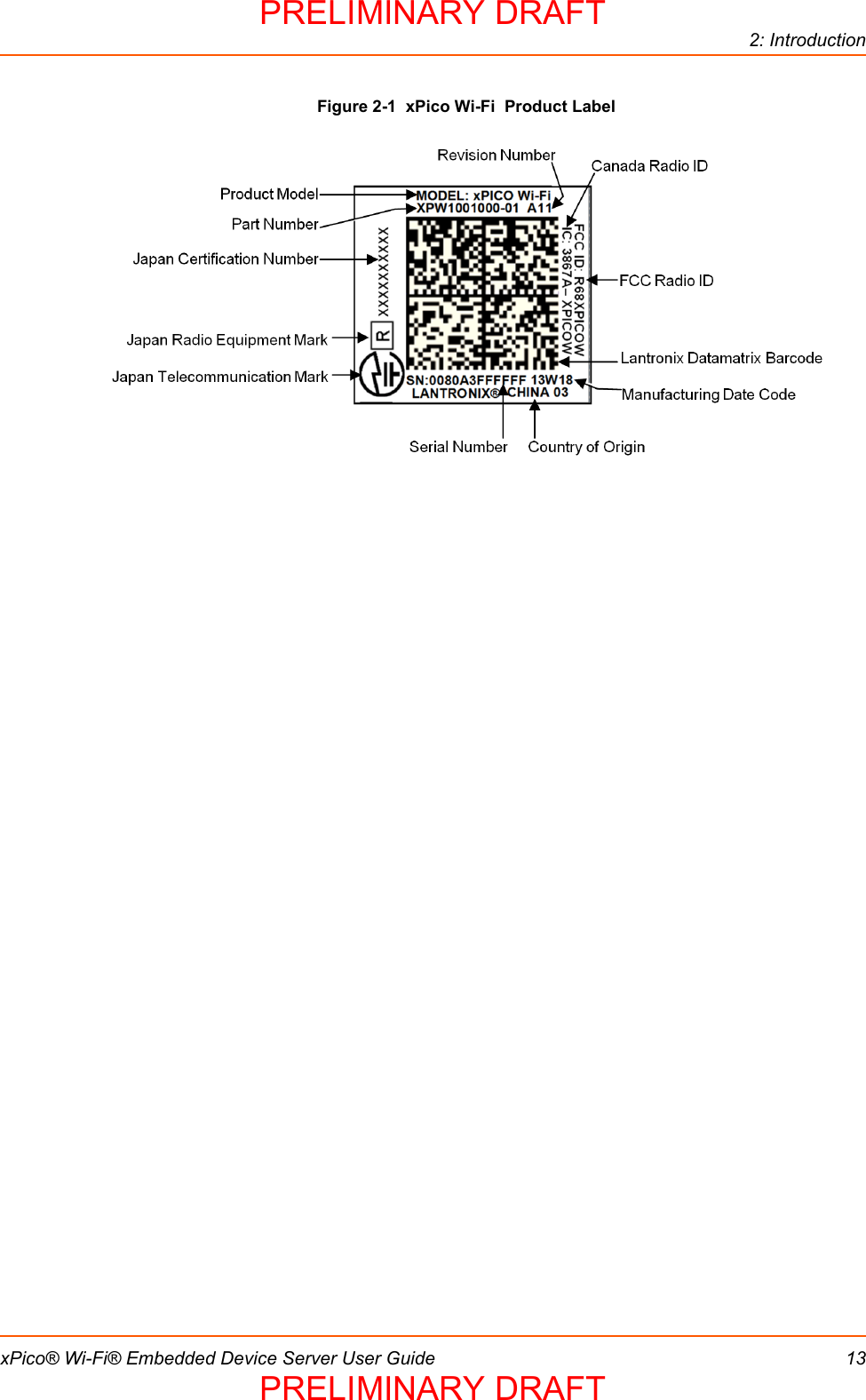 2: IntroductionxPico® Wi-Fi® Embedded Device Server User Guide 13Figure 2-1  xPico Wi-Fi  Product LabelPRELIMINARY DRAFTPRELIMINARY DRAFT