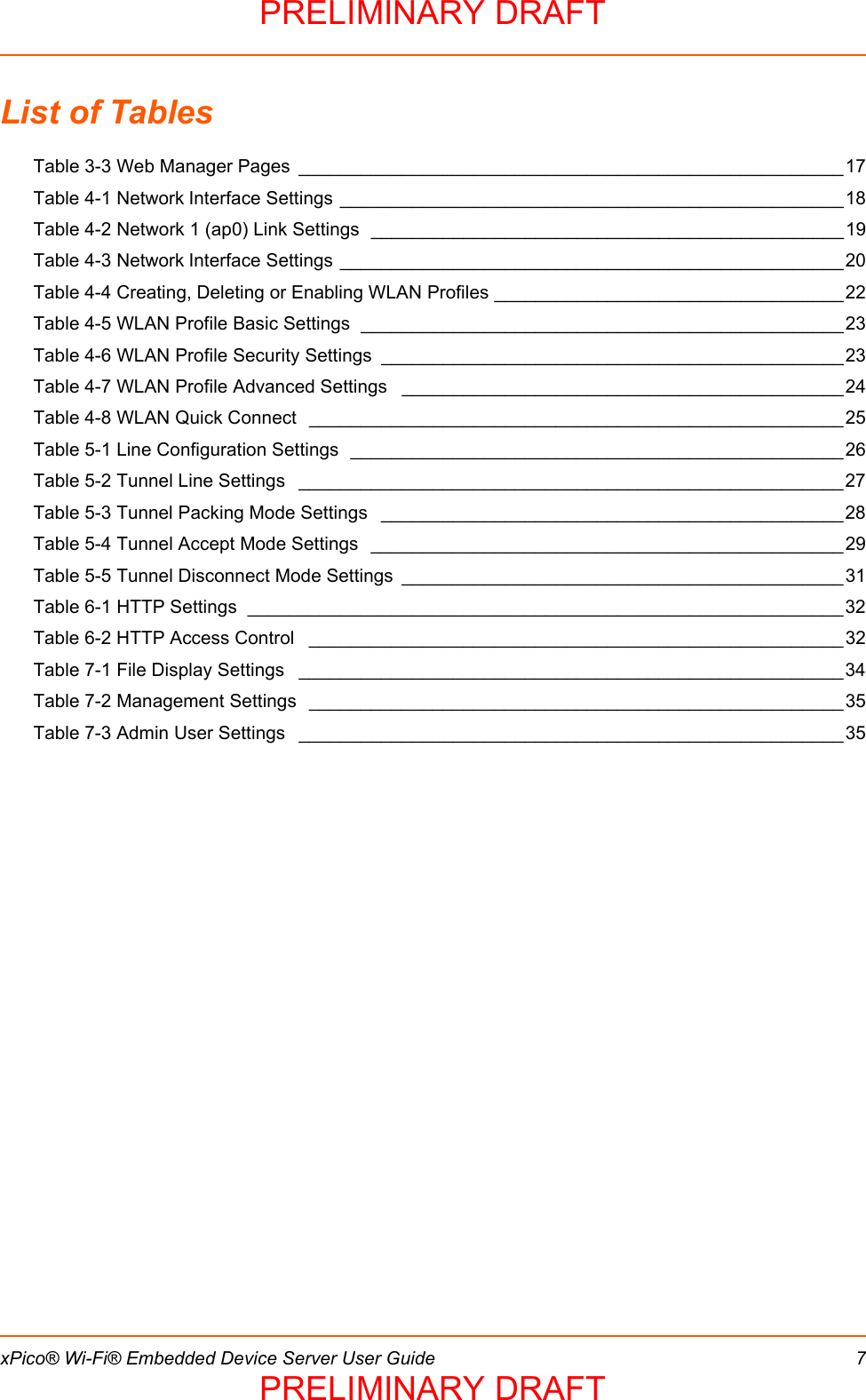  xPico® Wi-Fi® Embedded Device Server User Guide 7List of TablesTable 3-3 Web Manager Pages  _____________________________________________________17Table 4-1 Network Interface Settings _________________________________________________18Table 4-2 Network 1 (ap0) Link Settings  ______________________________________________19Table 4-3 Network Interface Settings _________________________________________________20Table 4-4 Creating, Deleting or Enabling WLAN Profiles __________________________________22Table 4-5 WLAN Profile Basic Settings  _______________________________________________23Table 4-6 WLAN Profile Security Settings  _____________________________________________23Table 4-7 WLAN Profile Advanced Settings  ___________________________________________24Table 4-8 WLAN Quick Connect  ____________________________________________________25Table 5-1 Line Configuration Settings  ________________________________________________26Table 5-2 Tunnel Line Settings  _____________________________________________________27Table 5-3 Tunnel Packing Mode Settings  _____________________________________________28Table 5-4 Tunnel Accept Mode Settings  ______________________________________________29Table 5-5 Tunnel Disconnect Mode Settings  ___________________________________________31Table 6-1 HTTP Settings  __________________________________________________________32Table 6-2 HTTP Access Control  ____________________________________________________32Table 7-1 File Display Settings  _____________________________________________________34Table 7-2 Management Settings  ____________________________________________________35Table 7-3 Admin User Settings  _____________________________________________________35PRELIMINARY DRAFTPRELIMINARY DRAFT